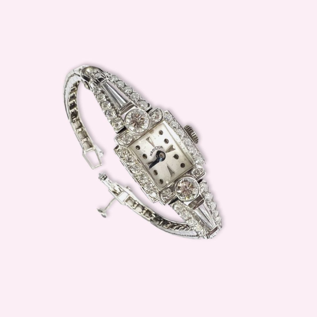 Vintage Hamilton Diamond and 18K White Gold Ladies Wrist Watch