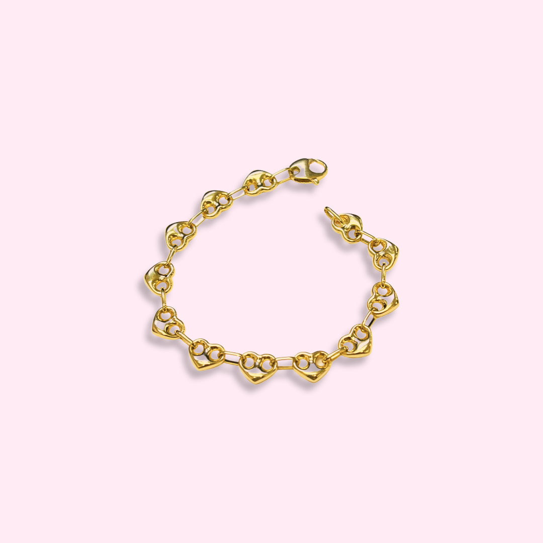 Solid 10K Yellow Gold Wide Heart Gucci Link Bracelet 8.25