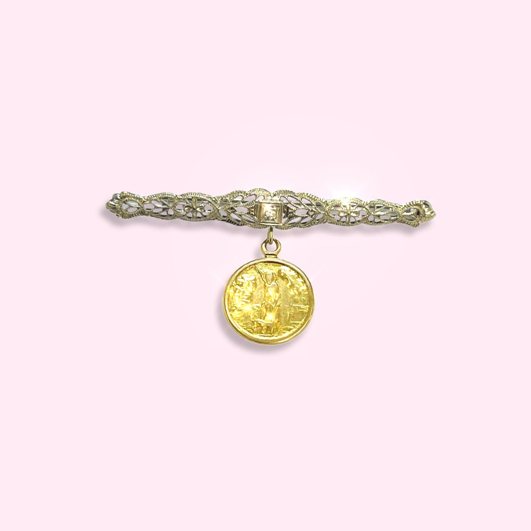18K Yellow Gold Saint and 10K White Gold Art Deco Diamond Pin Pendant