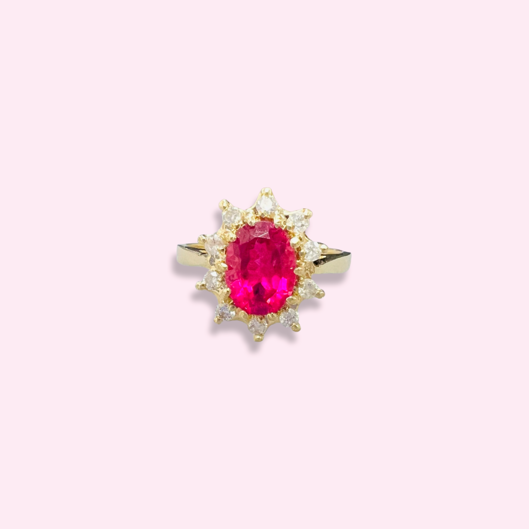 14K Yellow Gold Pink Tourmaline and Diamond Halo Ring Size 6