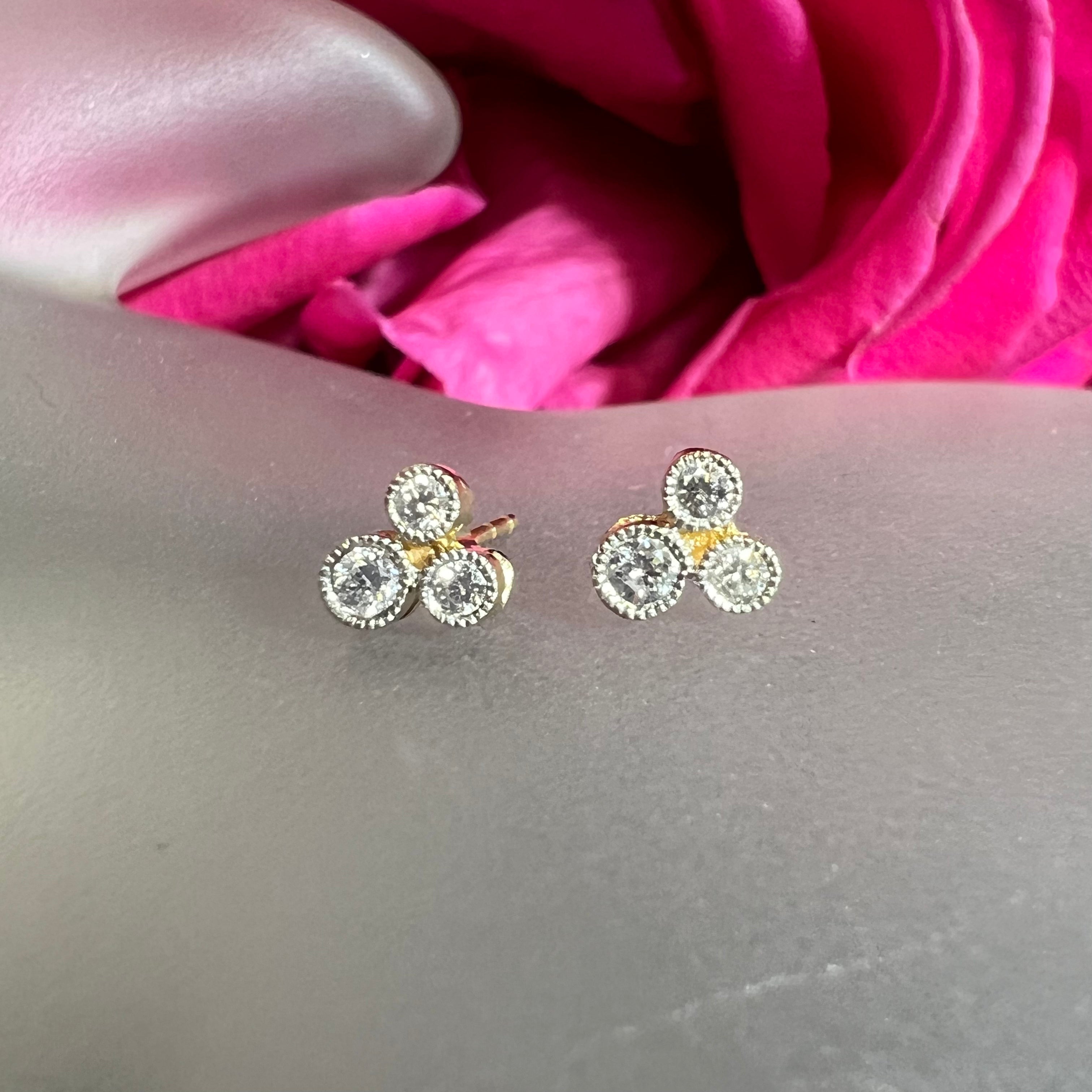 18k Yellow Gold 3 Stone Diamond Gold Earring Studs