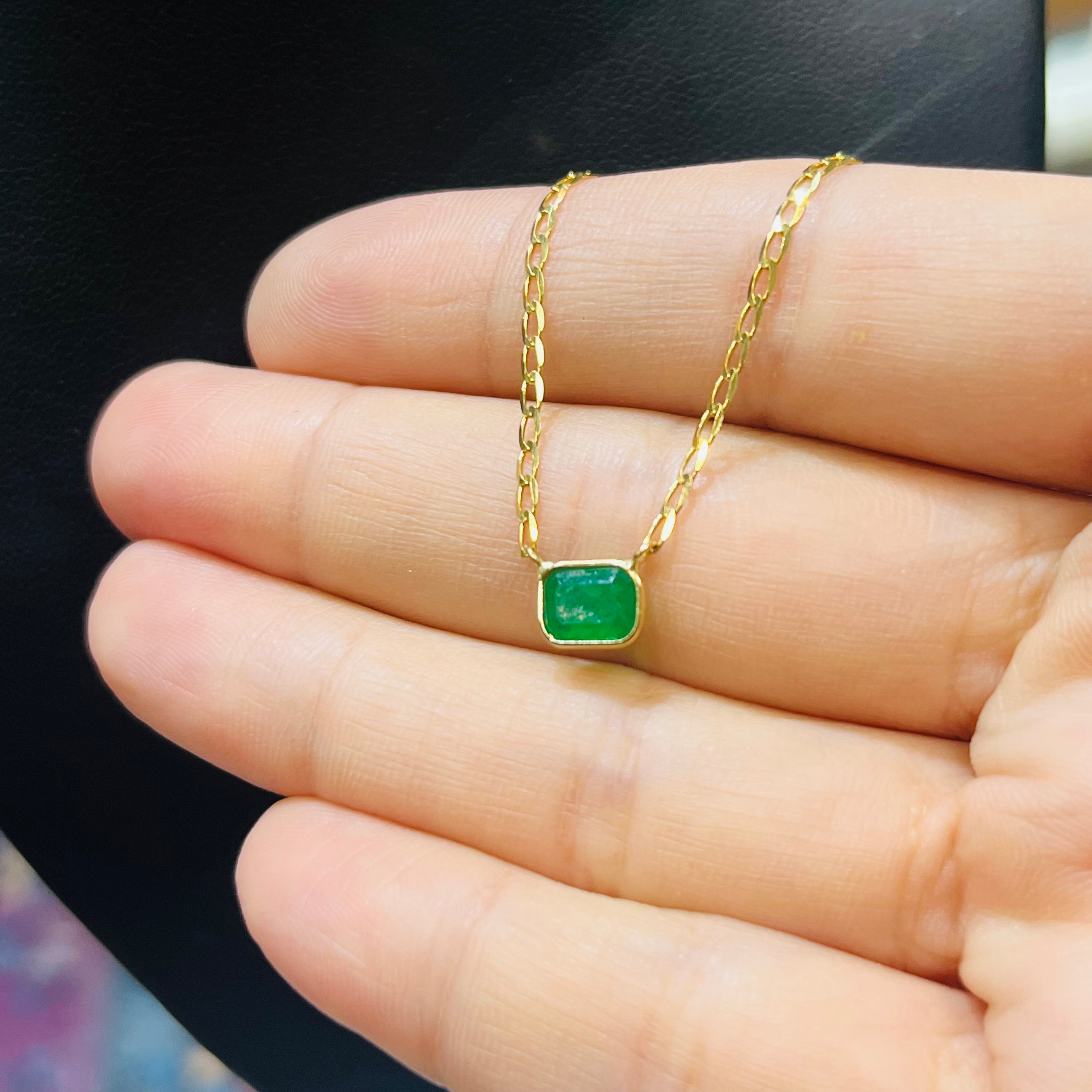 14K Yellow Gold Solitaire Natural Rectangular Emerald Necklace, 16"