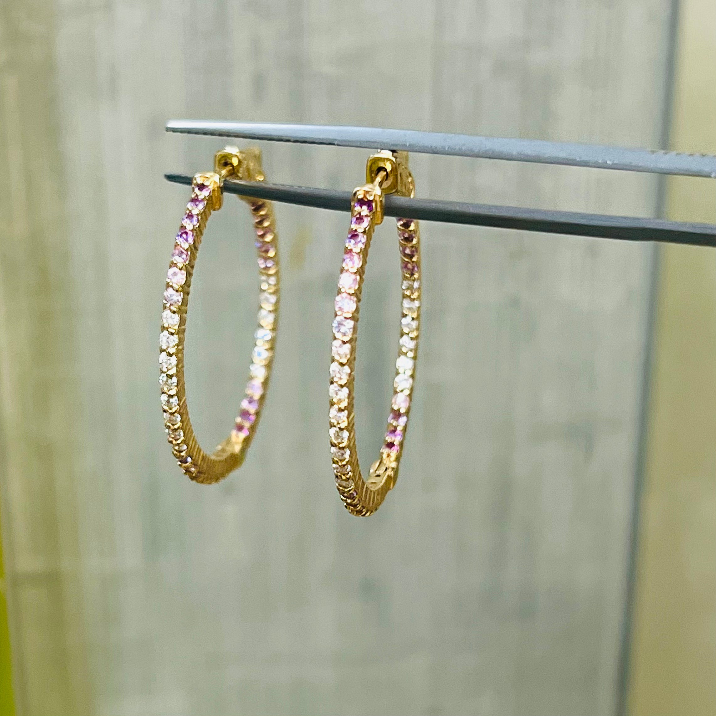 1.2” Diamond and Pink Ombre Sapphire 14K White Gold Inside Outside Hoop Earrings