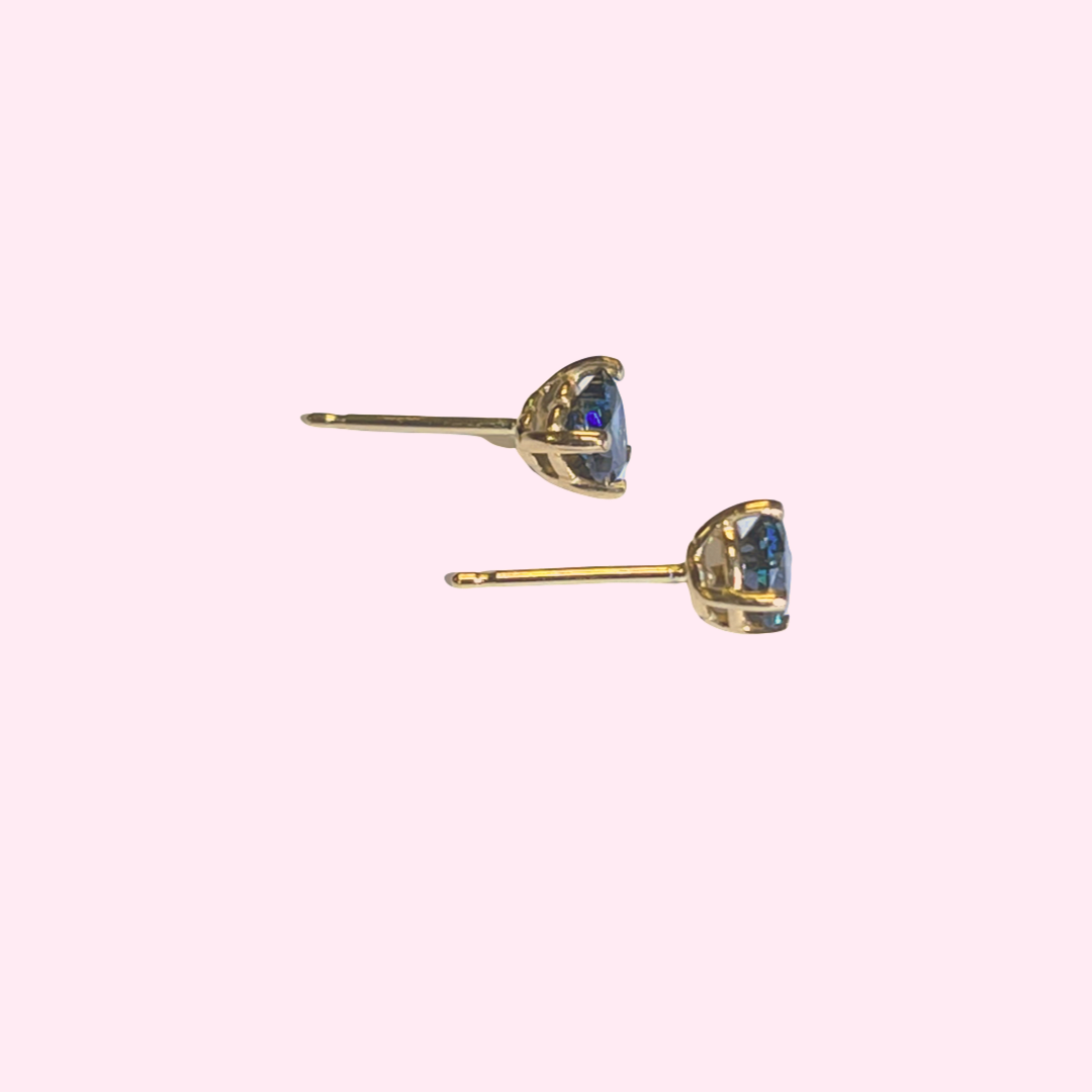 14K Yellow Gold Blue Diamond Heart Earring Studs