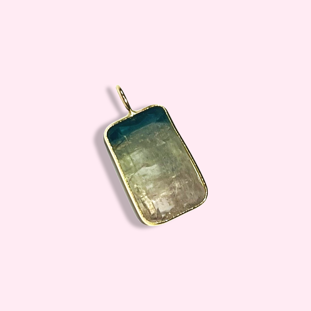 Blue and White Rectangular Tourmaline 14K Yellow Gold Pendant Charm 19x10mm