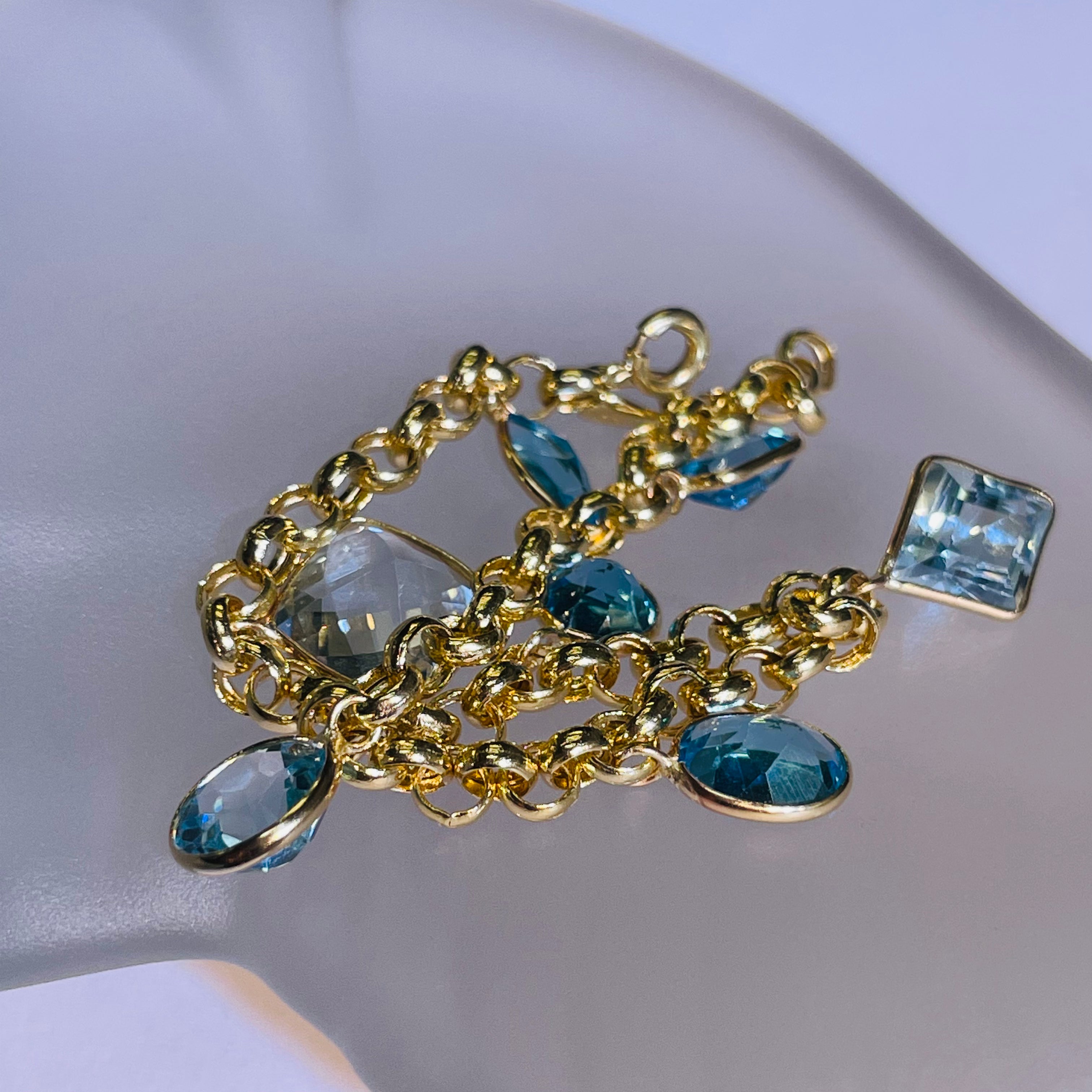 Natural Blue Topaz Dangling 14K Yellow Gold Charm Bracelet