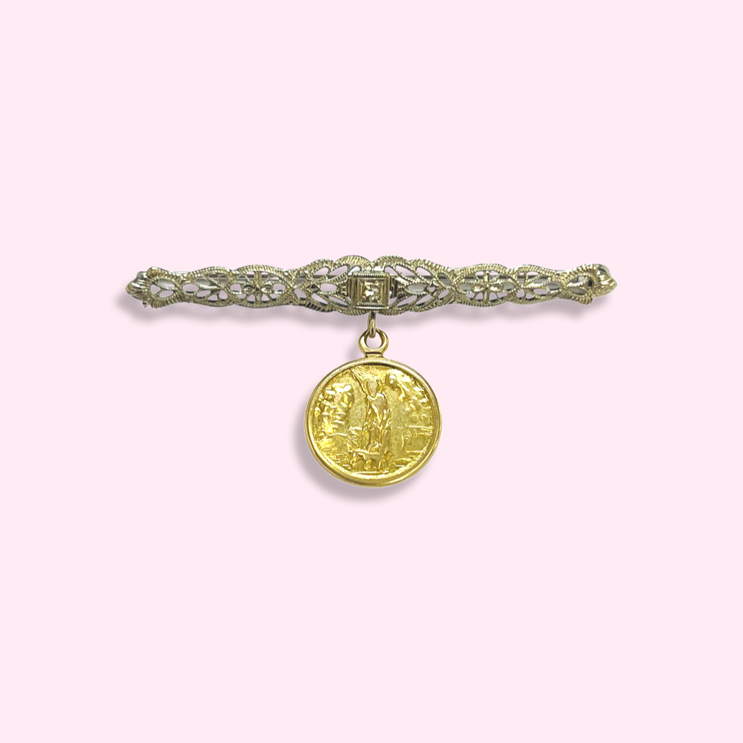 18K Yellow Gold Saint and 10K White Gold Art Deco Diamond Pin Pendant