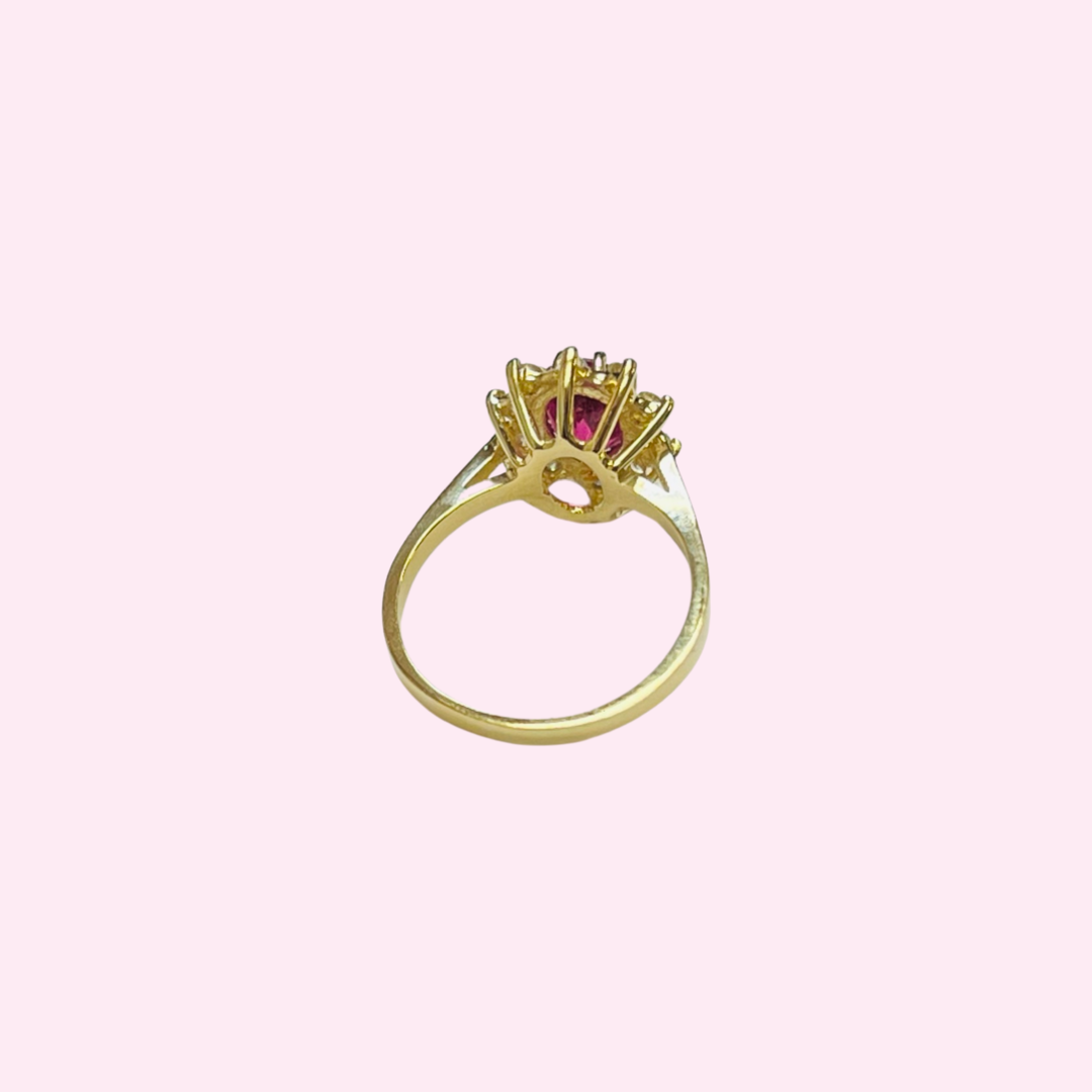 14K Yellow Gold Pink Tourmaline and Diamond Halo Ring Size 6