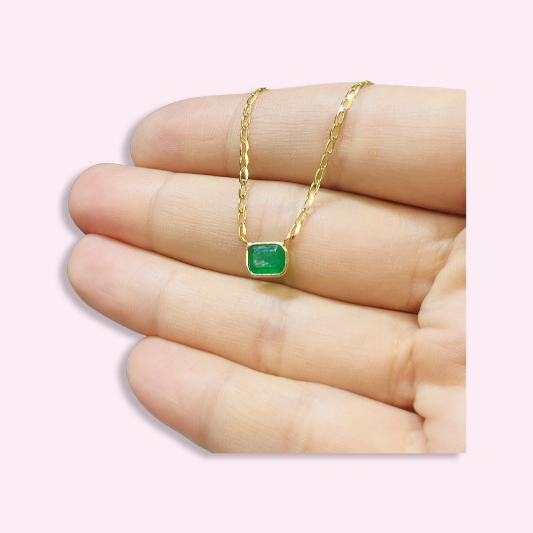 14K Yellow Gold Solitaire Natural Rectangular Emerald Necklace, 16"