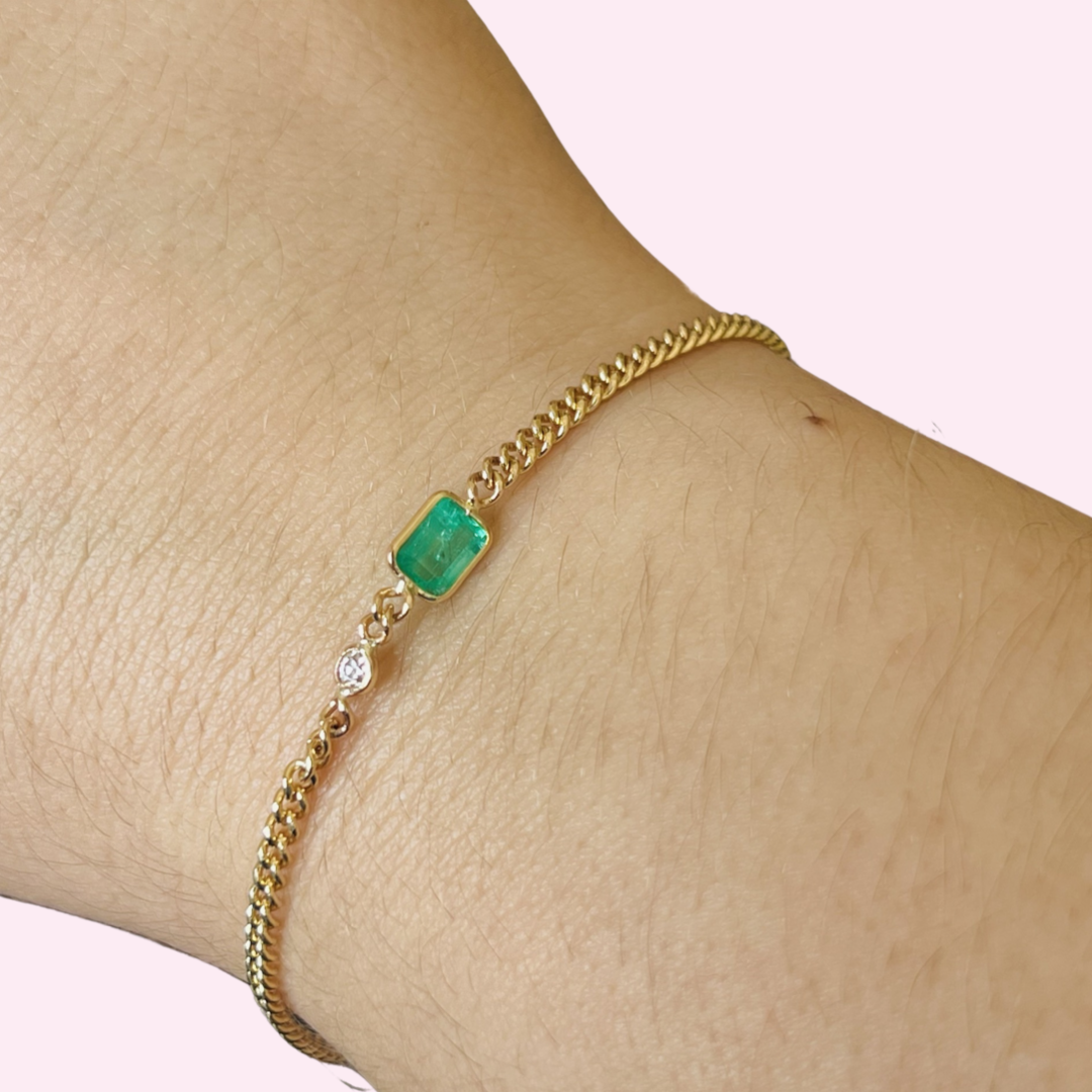 14K Emerald And Diamond Bracelet in Solid Yellow Gold 6"