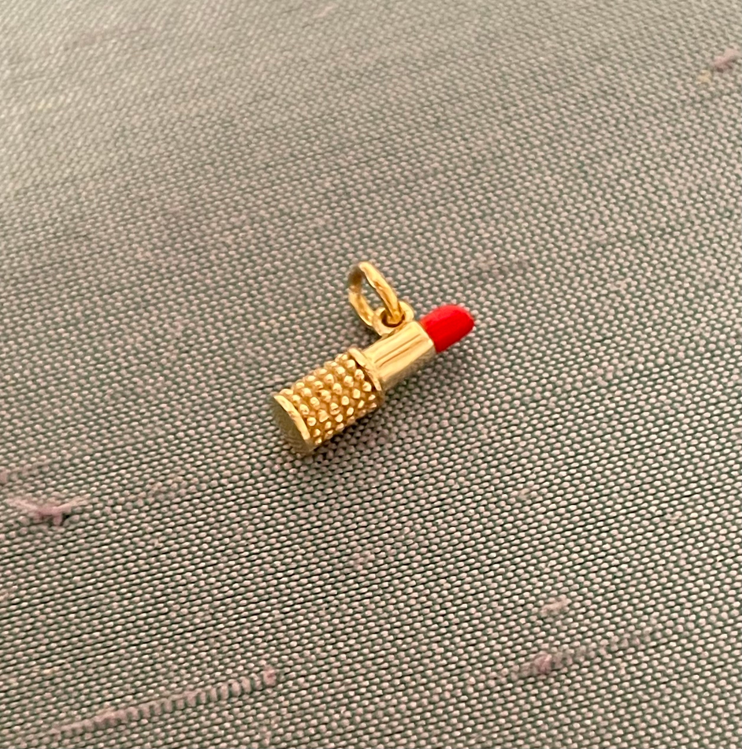 Mini Solid 14K Yellow Gold Red Enamel Lipstick Charm Pendant