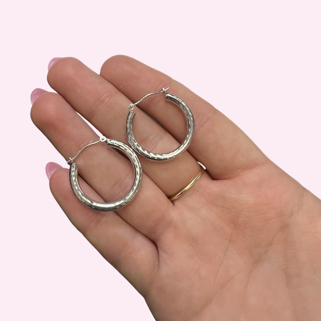 14K 1" 3mm White Gold  Hoop Earrings