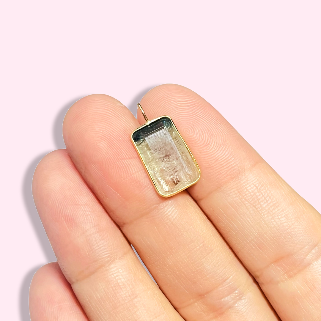 Blue and White Rectangular Tourmaline 14K Yellow Gold Pendant Charm 19x10mm