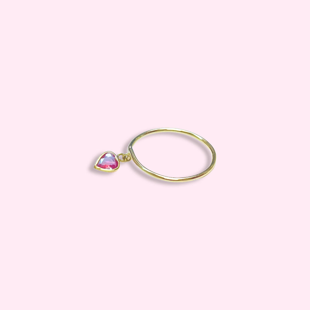 Dangling Pink Tourmaline Heart 14K Yellow Gold Band Ring