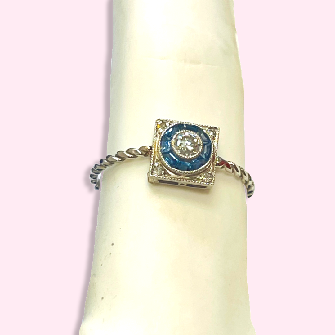 Antique Art Deco Platinum Sapphire and Diamond Rope Band Ring Size 7.5