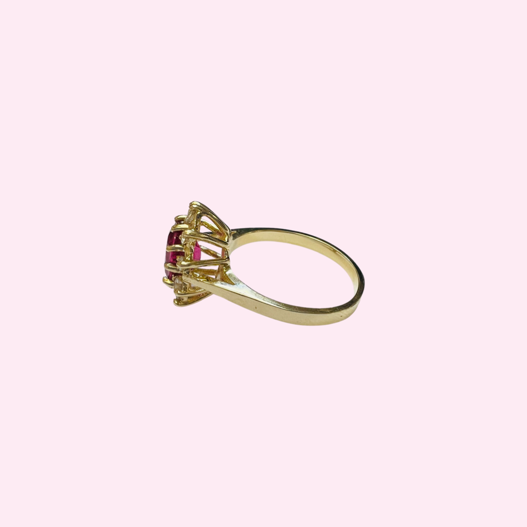 14K Yellow Gold Pink Tourmaline and Diamond Halo Ring Size 6