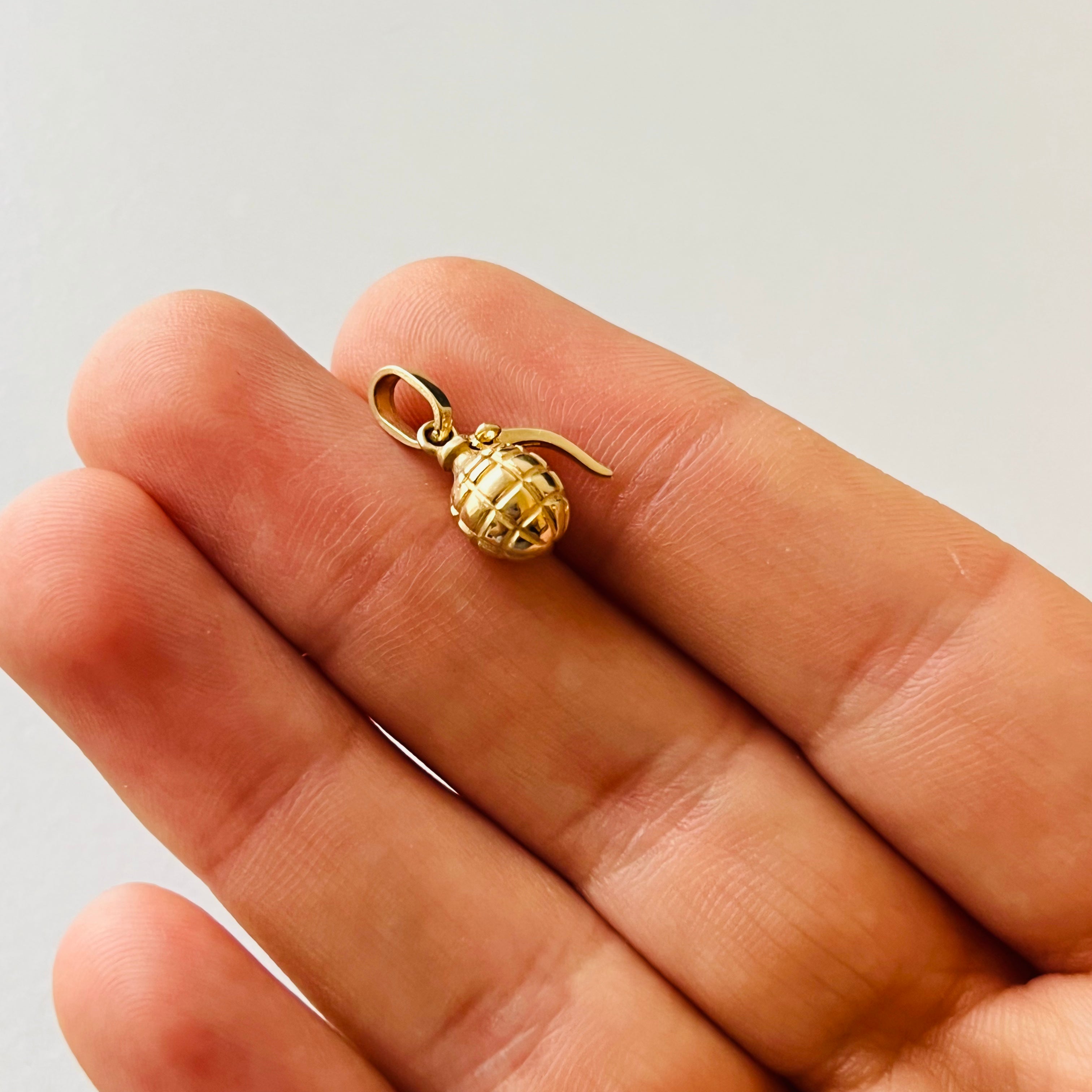 Dimensional Hand Grenade Pendant in Solid 14K Yellow Gold