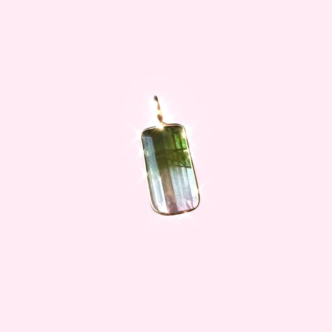 Natural Watermelon Green and Pink Tourmaline 14K Yellow Gold Pendant Charm