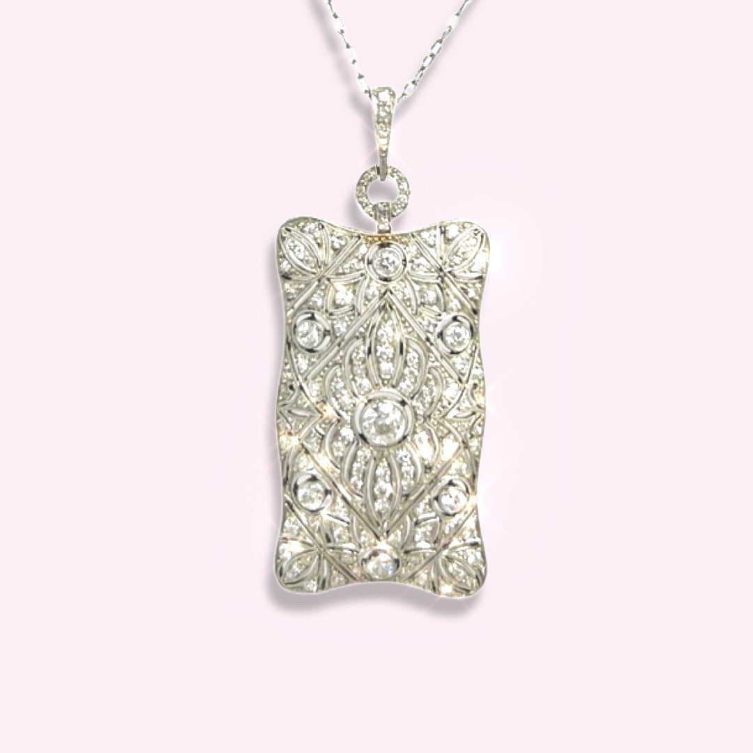 Stunning Platinum Art Deco Filigree Diamond Pendant Cable Chain Necklace 17.5"