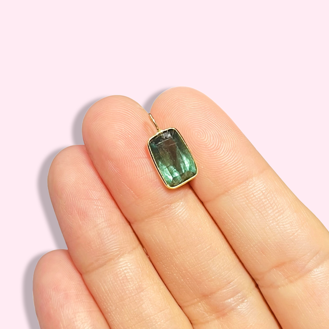 Blue Aqua Rectangular Tourmaline 14K Yellow Gold Pendant Charm 16x8mm