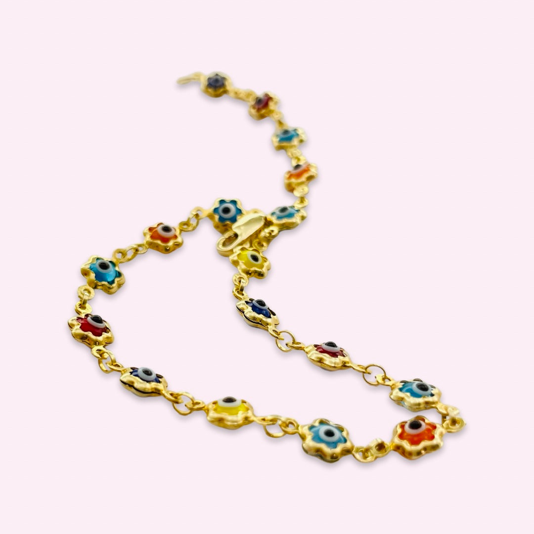 14K Yellow Gold Multi Color Evil Eye Flower Chain Bracelet
