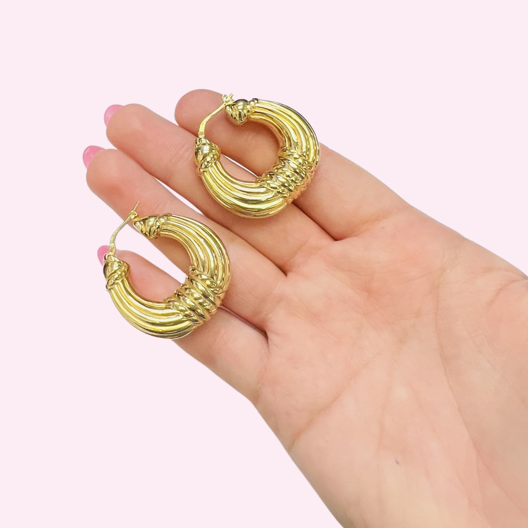 1.5" Beautiful Textured 10K Yellow Gold Hoop Earrings