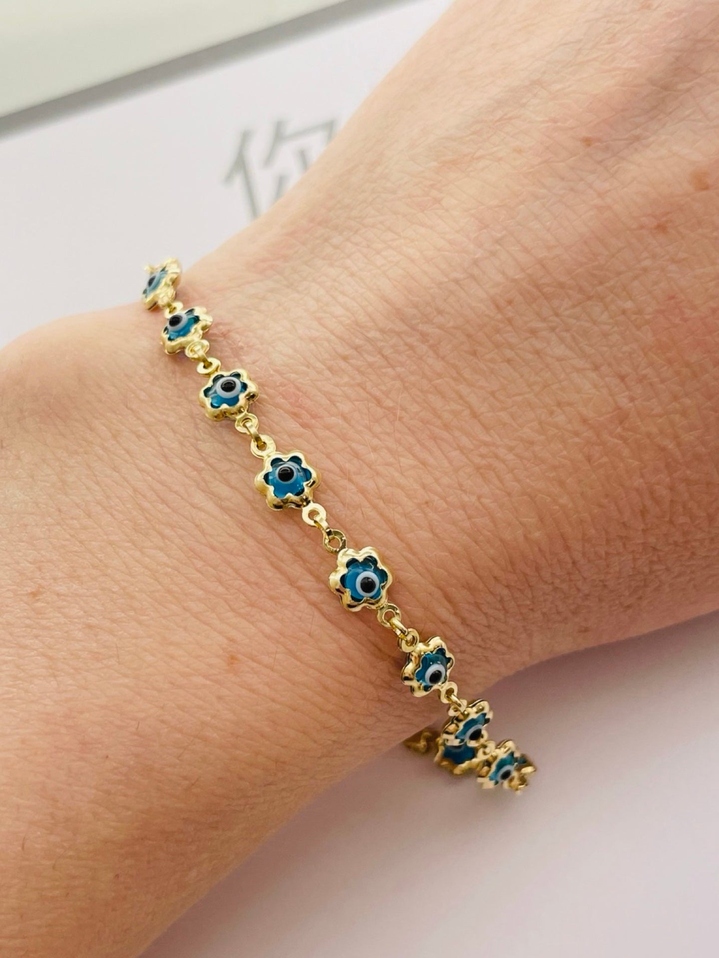14K Yellow Gold Blue Teal Evil Eye Flower Chain Bracelet