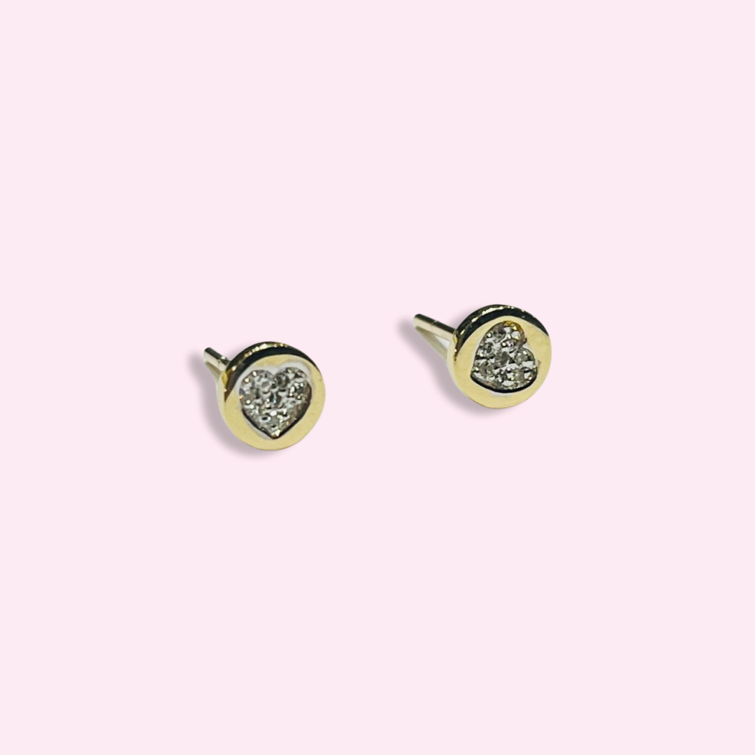 Heart Diamond Stud Earrings 14K Yellow Gold
