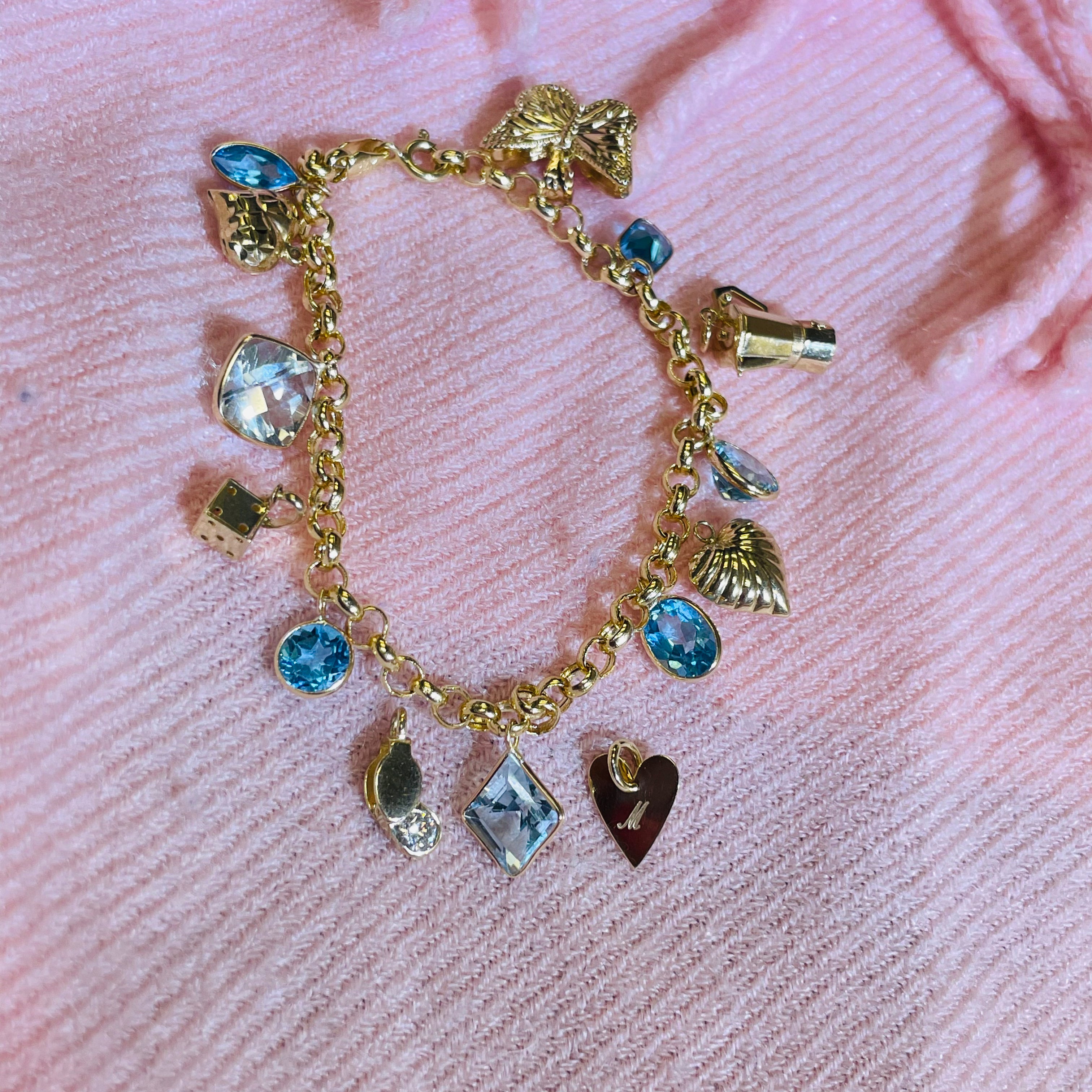 Natural Blue Topaz Dangling 14K Yellow Gold Charm Bracelet