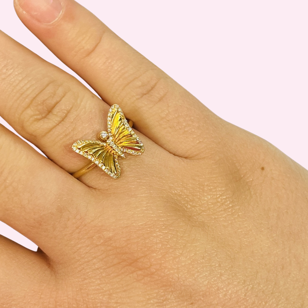 14K Yellow Gold and Diamond Pave Butterfly Ring, Size 8