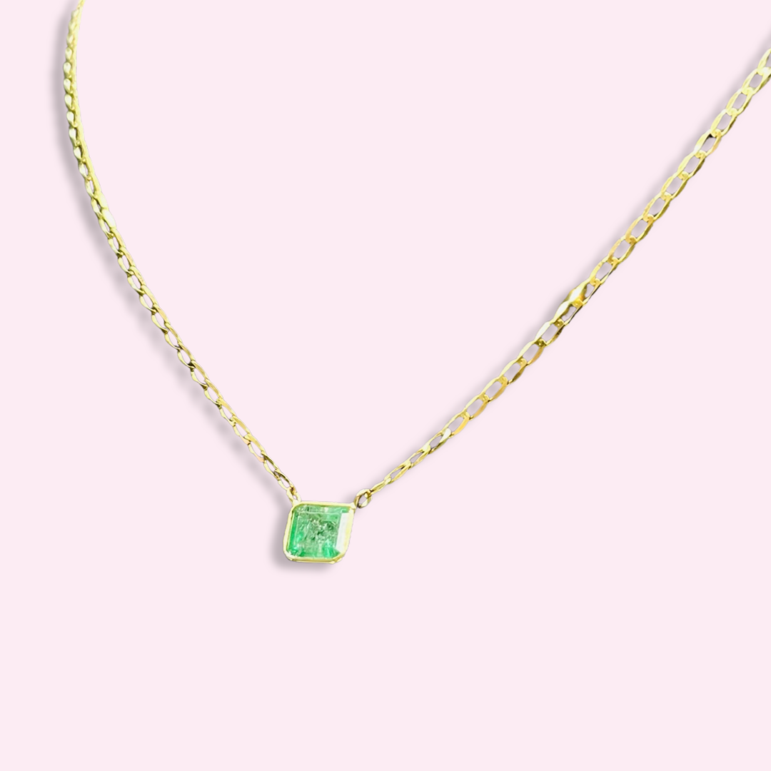 14K Yellow Gold Solitaire Natural Square Emerald Necklace, 16"
