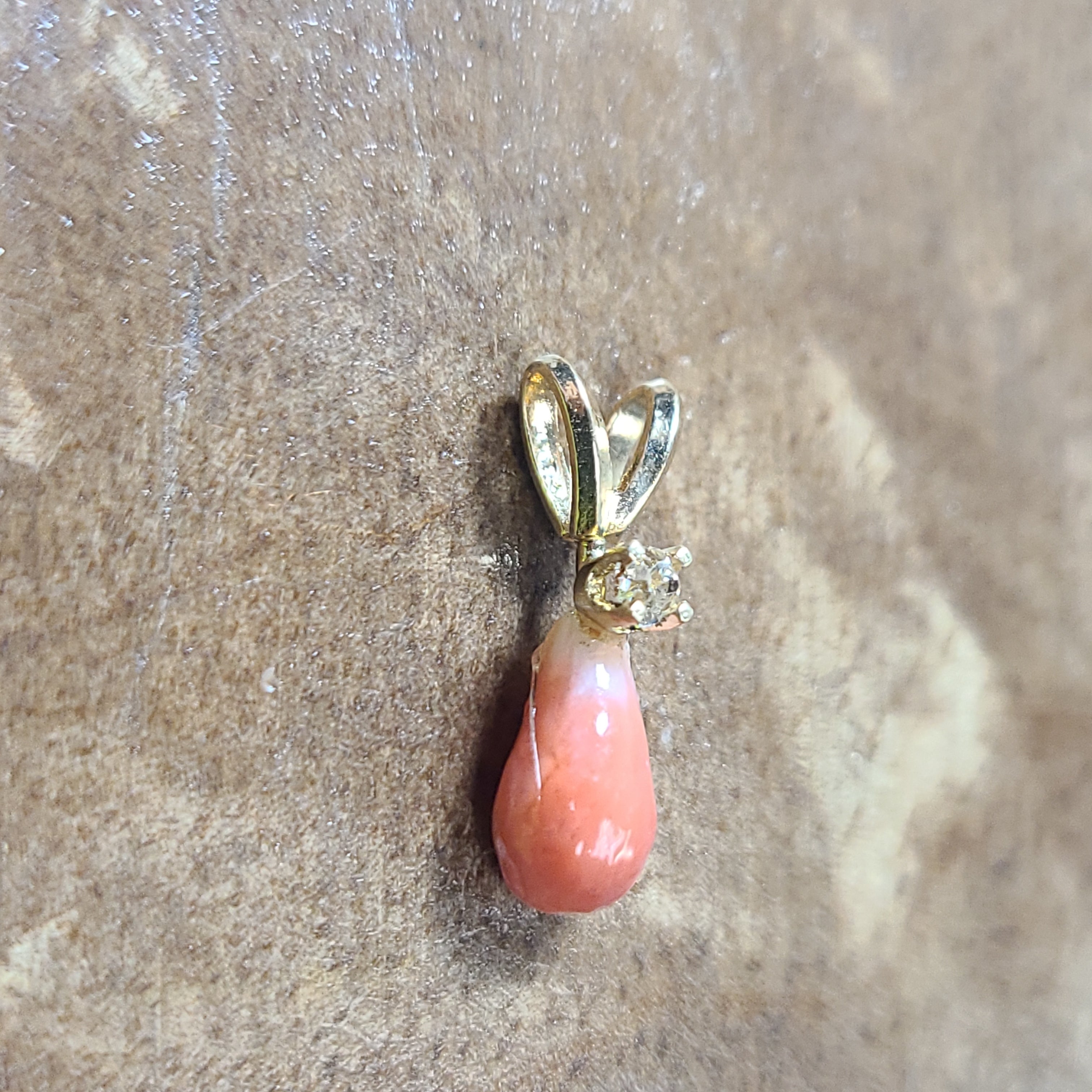 14K Yellow Gold Pinkish Orange Natural Conch Pearl with Old Mine Cut Diamond  Pendant Charm