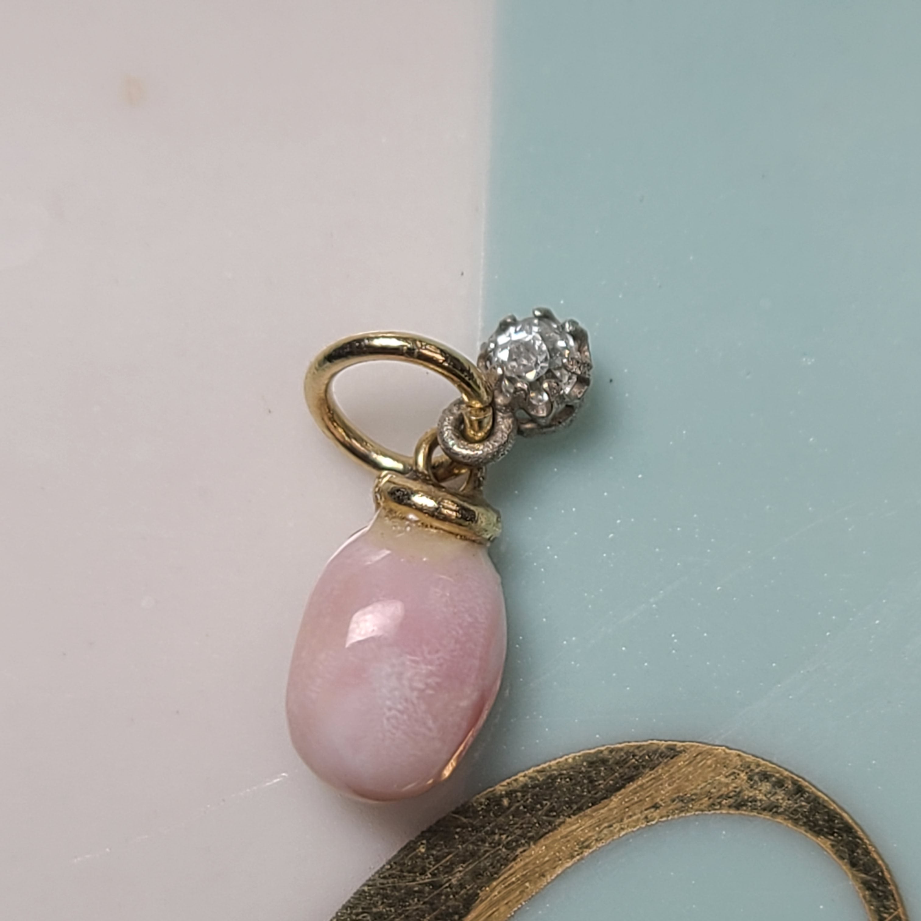 14K Yellow Gold Light Pink Swril Conch Pearl with Old Mine Cut Diamond  Pendant Charm