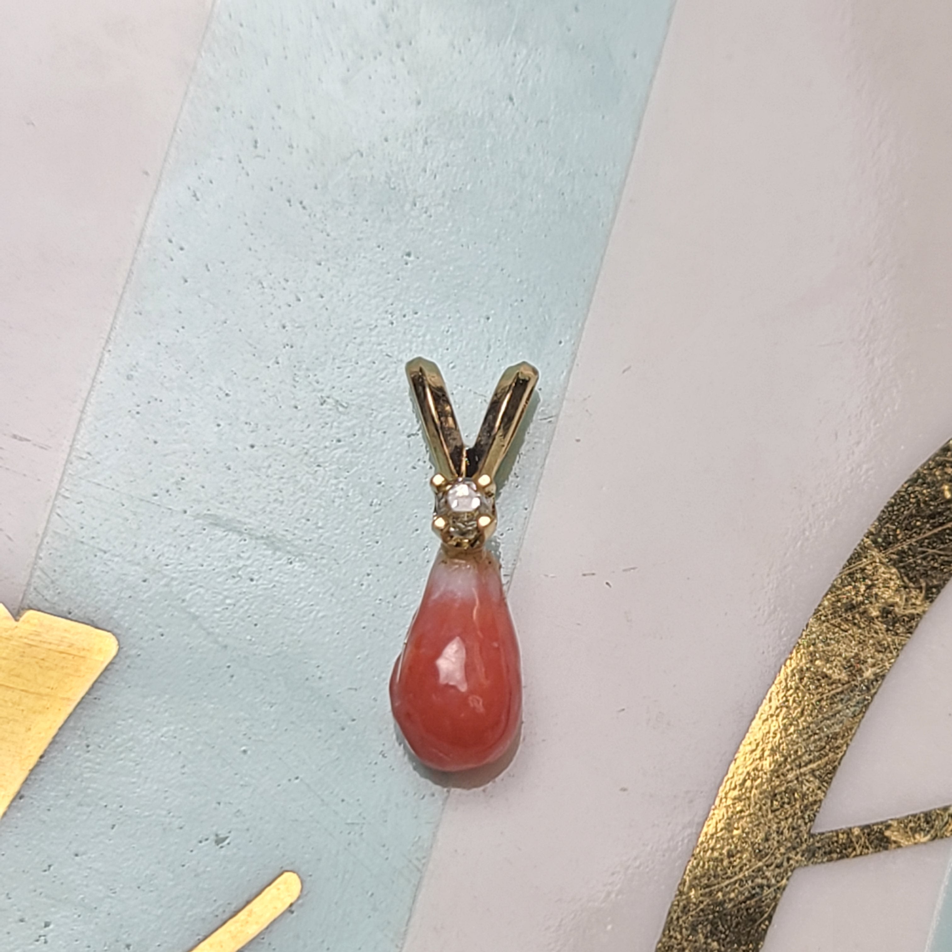 14K Yellow Gold Pinkish Orange Natural Conch Pearl with Old Mine Cut Diamond  Pendant Charm