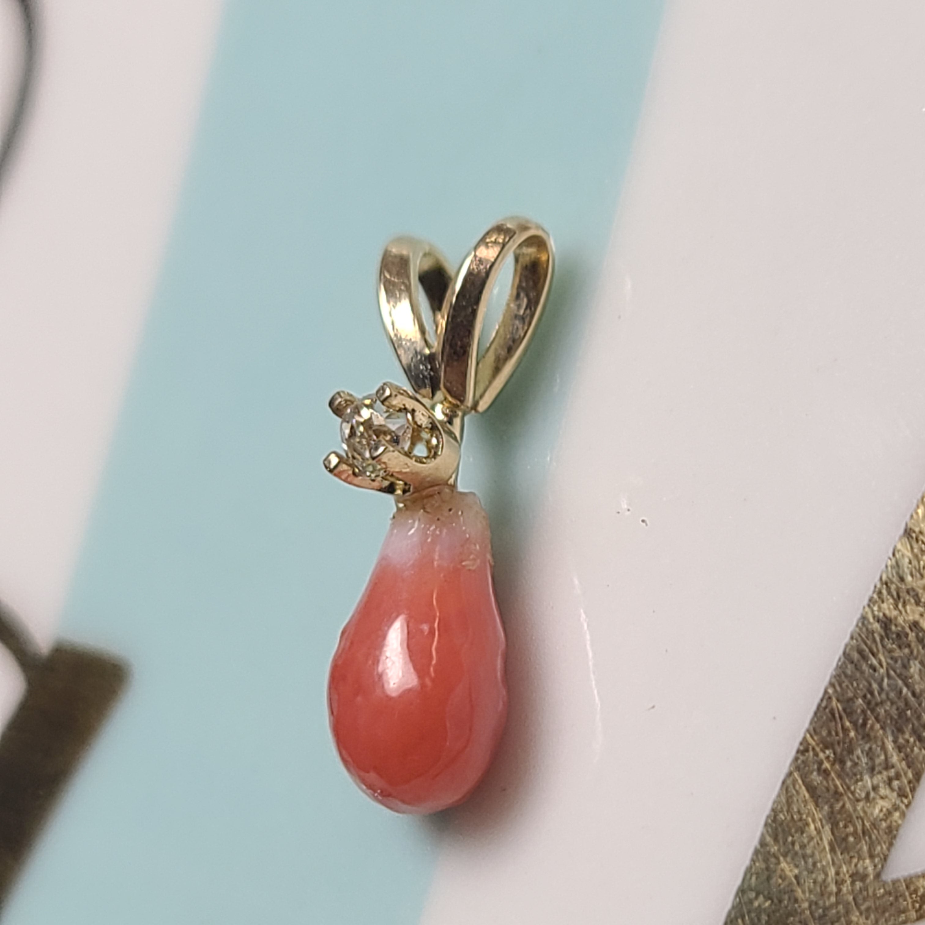 14K Yellow Gold Pinkish Orange Natural Conch Pearl with Old Mine Cut Diamond  Pendant Charm