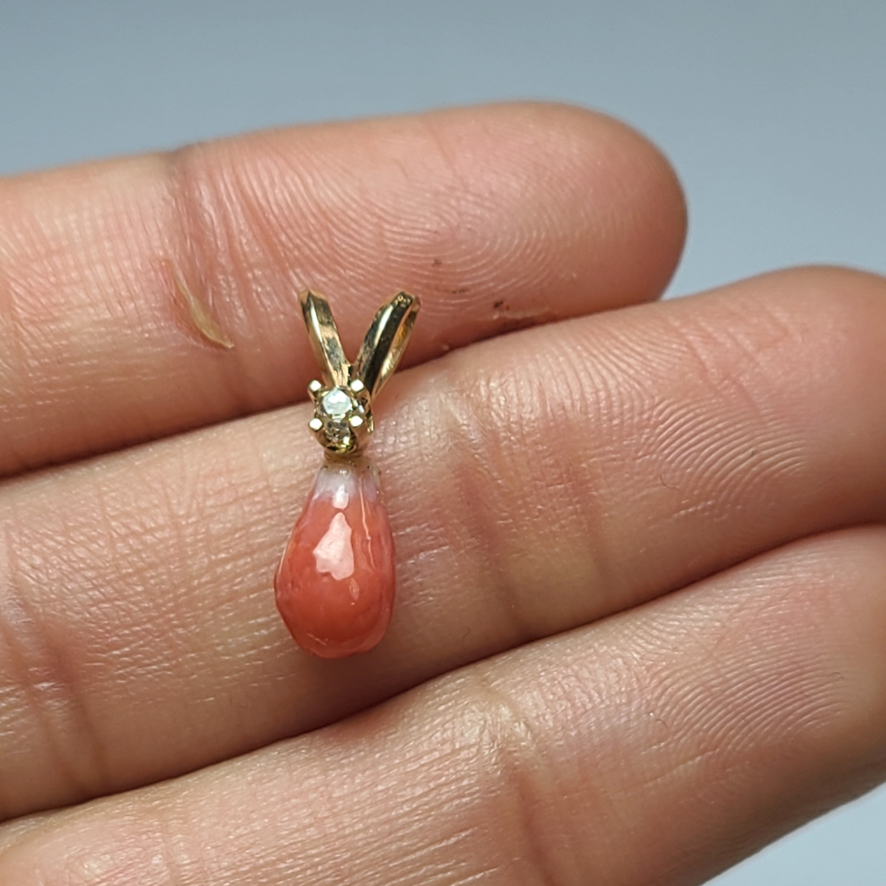 14K Yellow Gold Pinkish Orange Natural Conch Pearl with Old Mine Cut Diamond  Pendant Charm