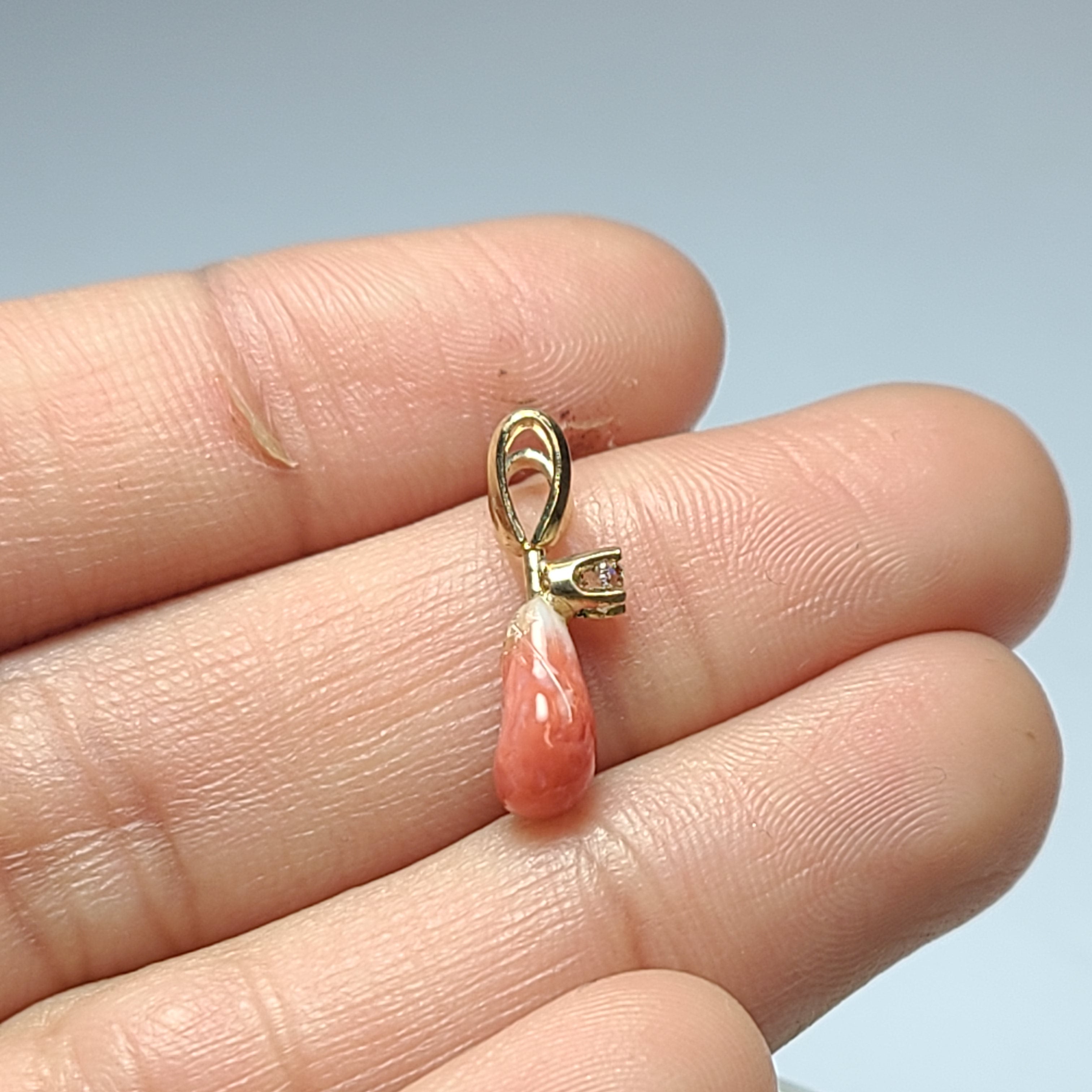 14K Yellow Gold Pinkish Orange Natural Conch Pearl with Old Mine Cut Diamond  Pendant Charm