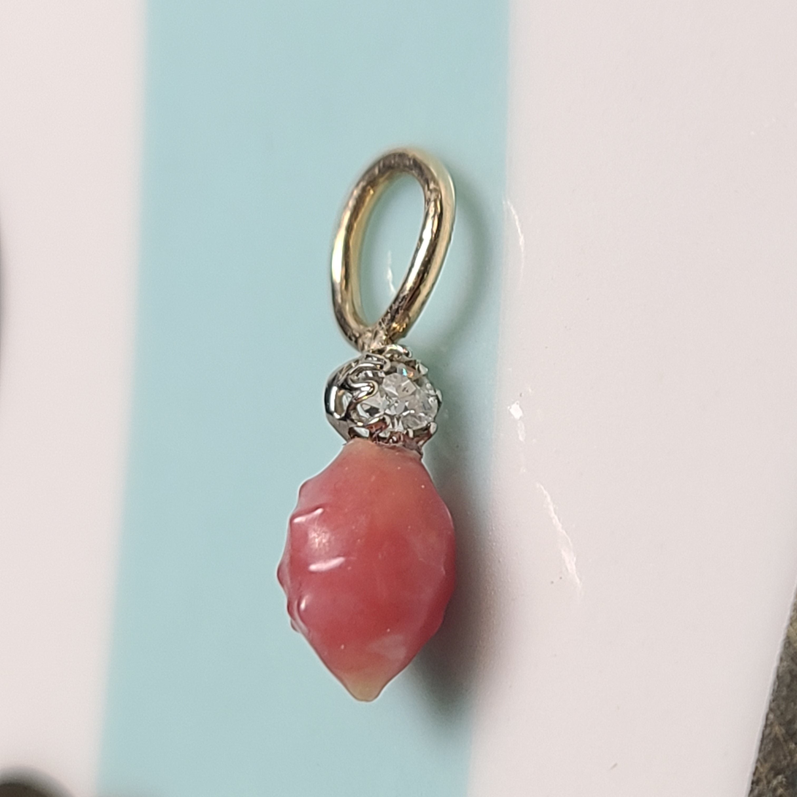 14K Yellow Gold Pink Conch Pearl with Old Mine Cute Diamond Pendant Charm