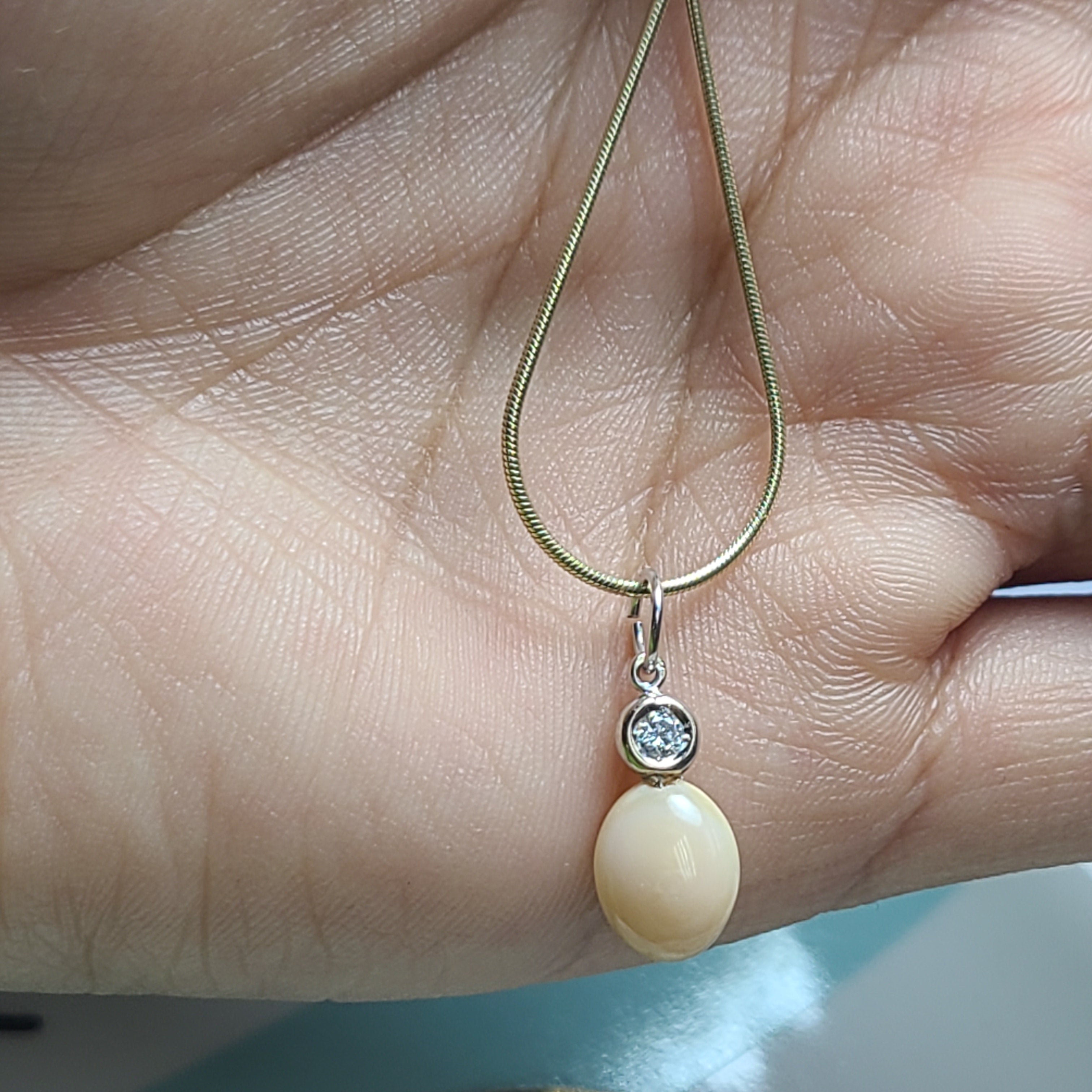 14K White Gold Creamy Light Brown Natural Conch Pearl with Old Mine Cut Diamond Pendant Charm