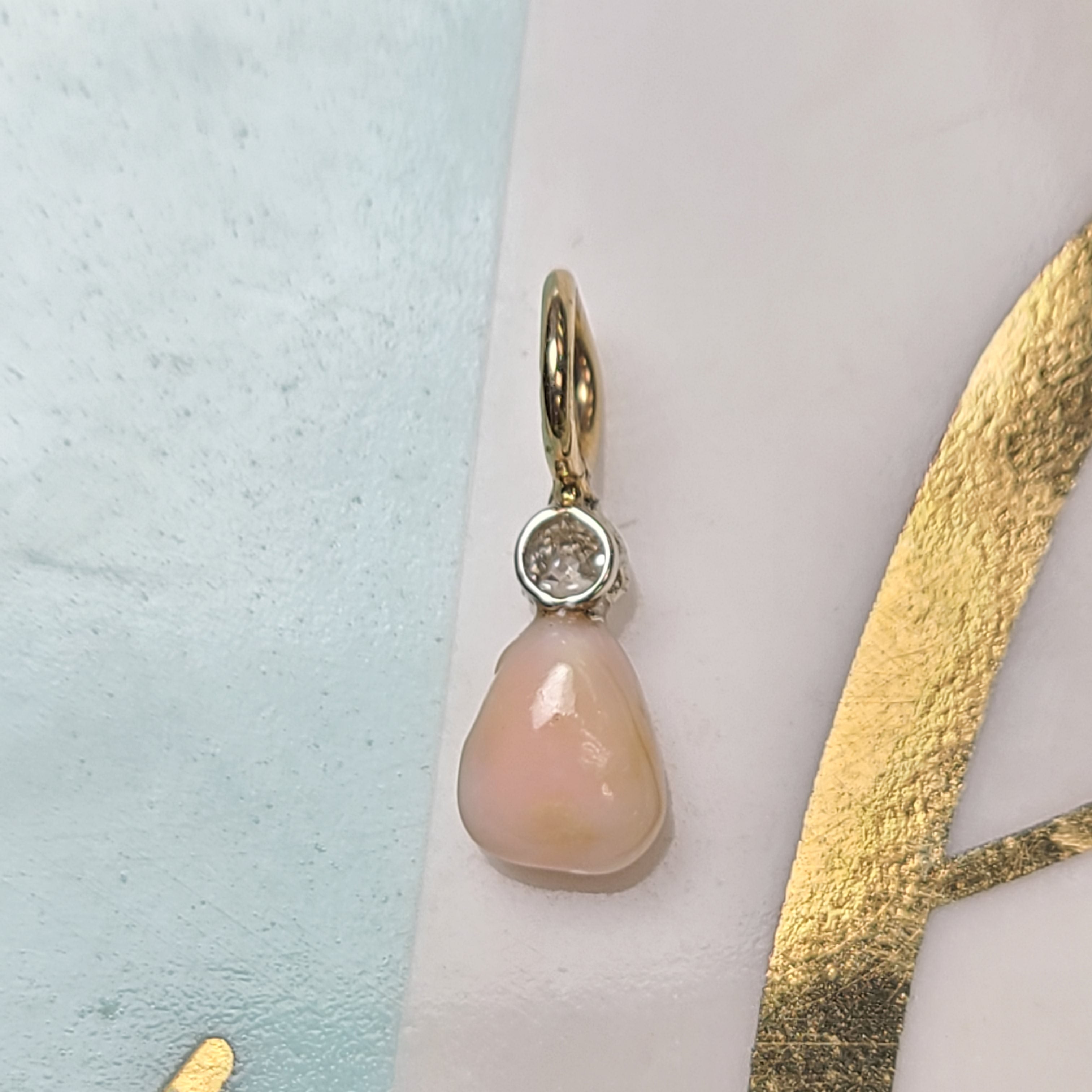 14K Yellow Gold Conch Pearl With Old Mine Cut Diamond Pendant Charm
