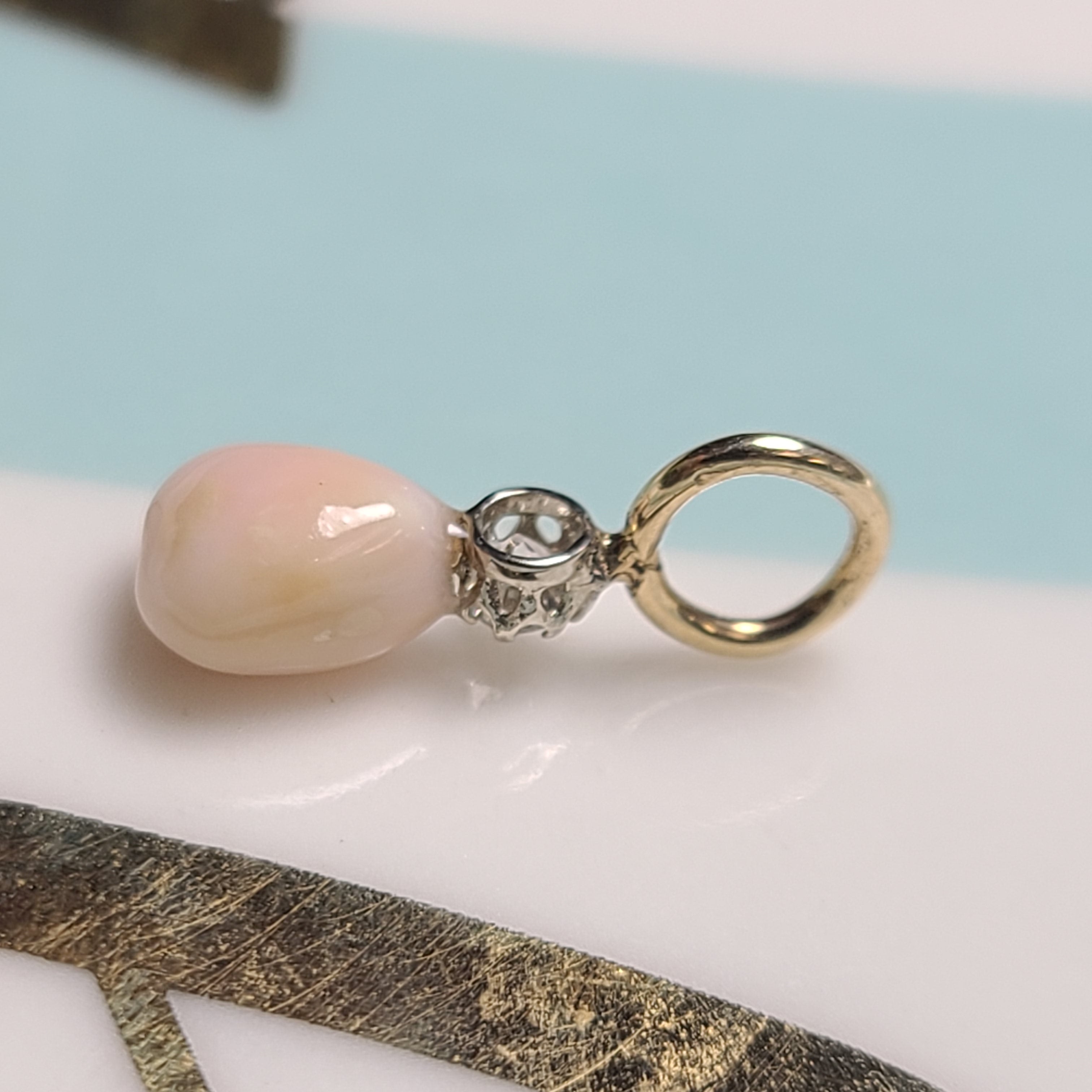 14K Yellow Gold Conch Pearl With Old Mine Cut Diamond Pendant Charm