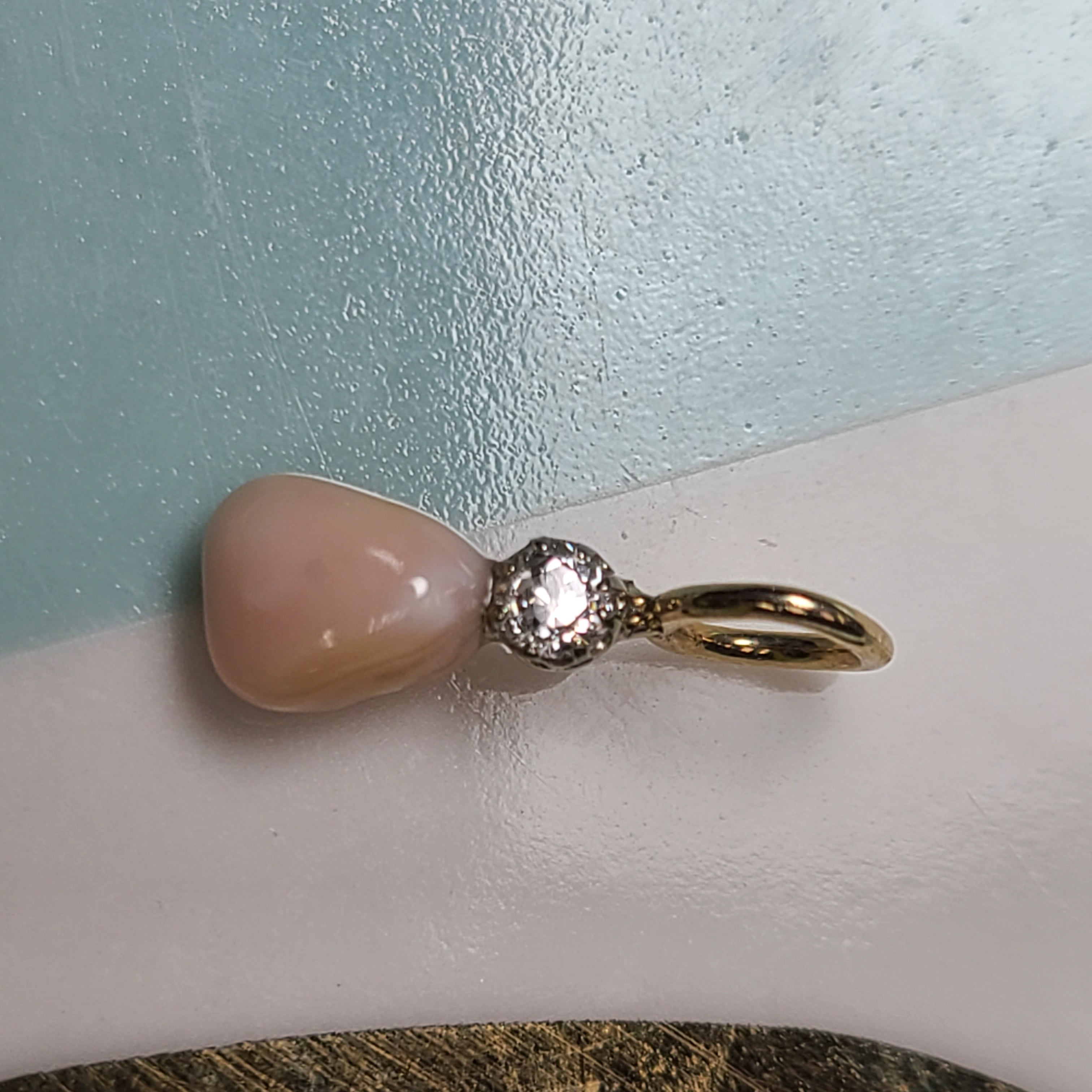14K Yellow Gold Conch Pearl With Old Mine Cut Diamond Pendant Charm