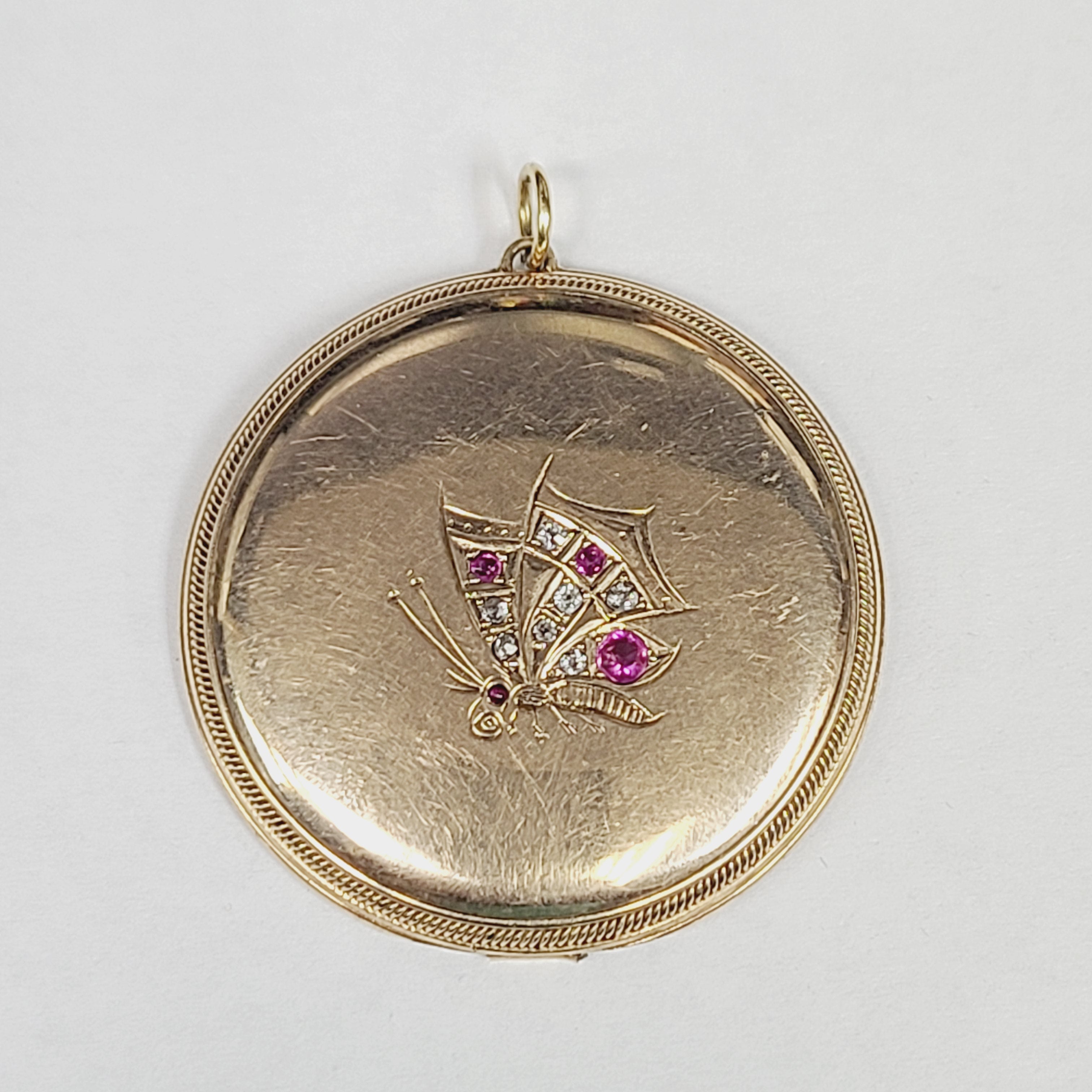 14K Yellow Gold Mine Cut Diamond and Ruby Butterfly Medallion