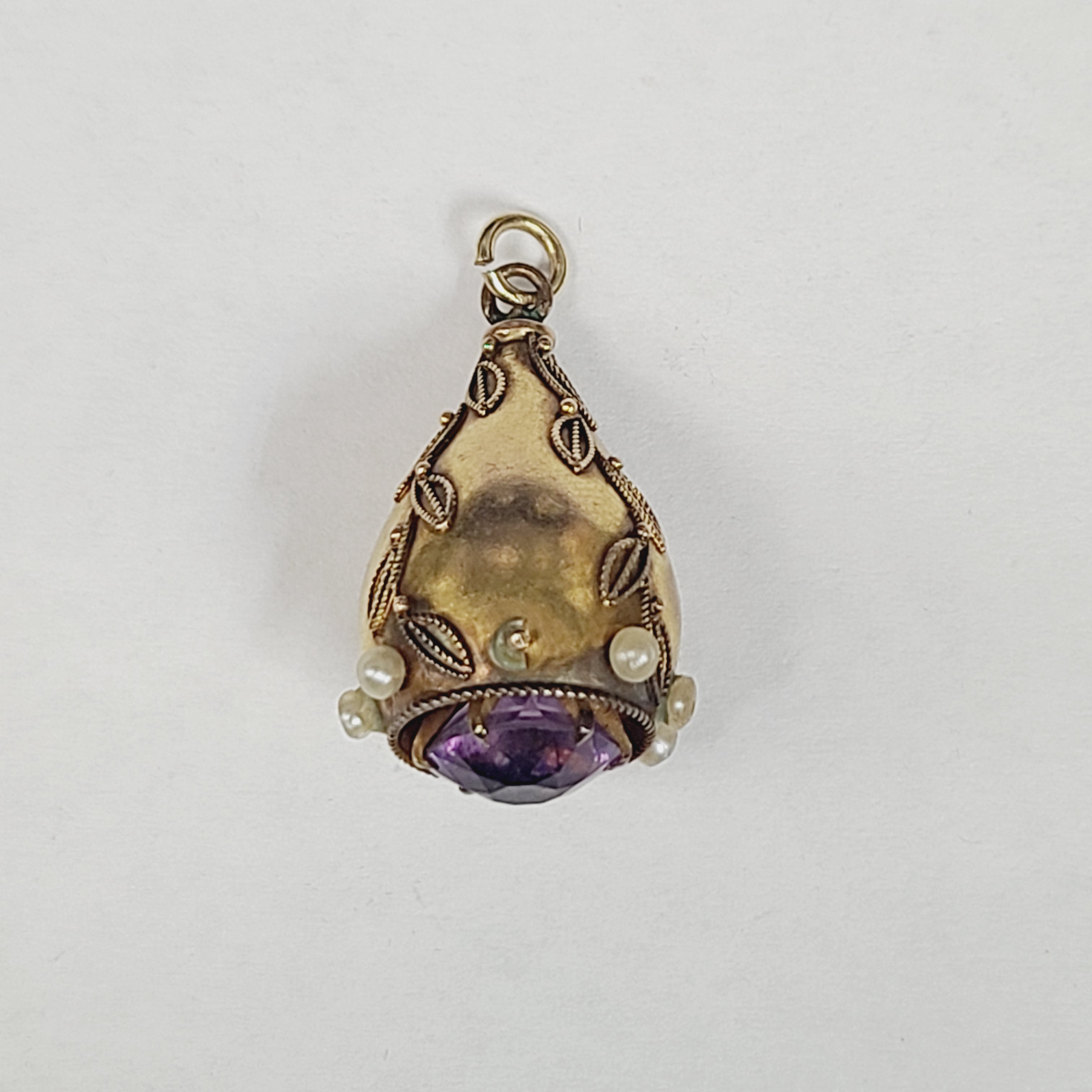 18K Gold Pearl and Amethyst Fob Charm Pendant