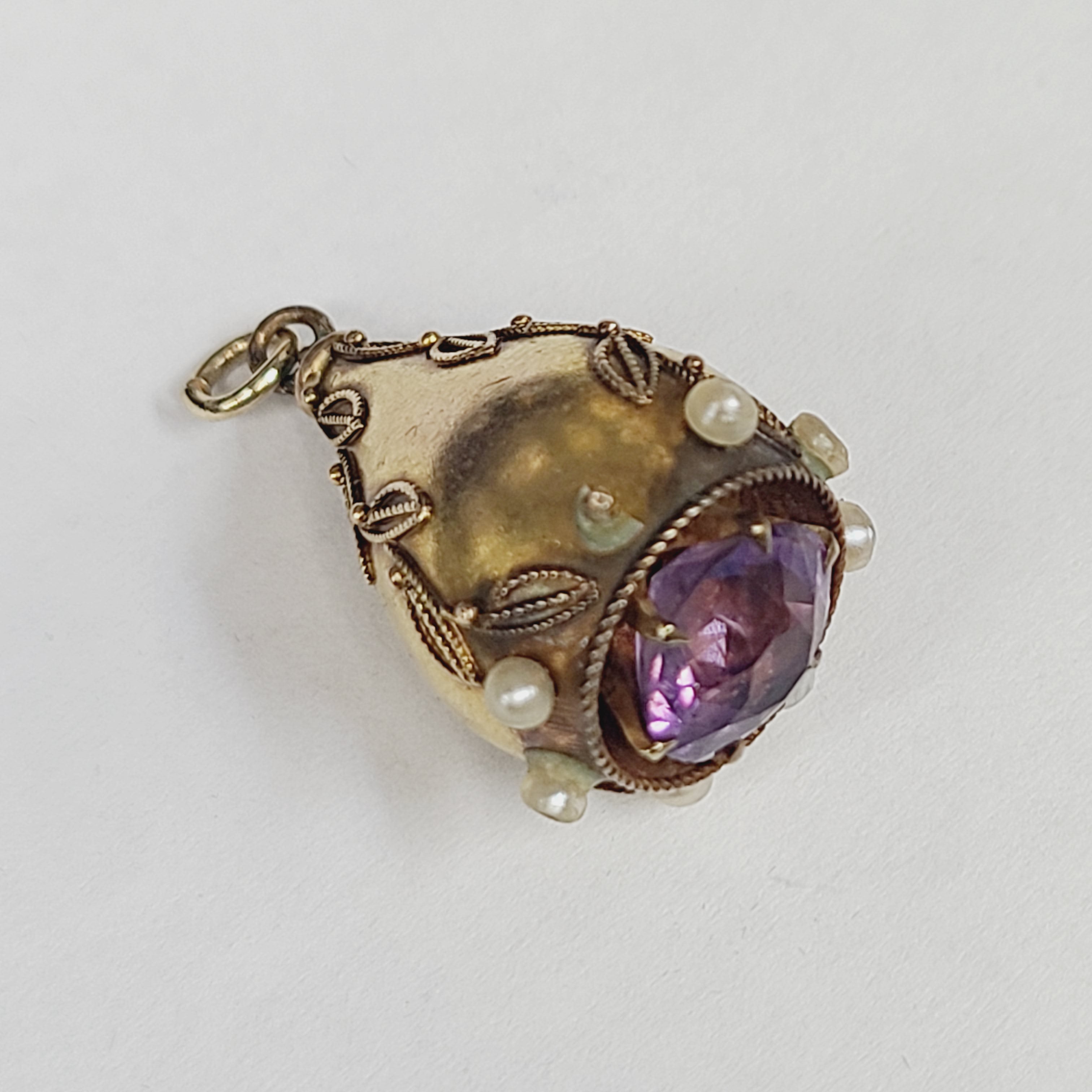 18K Gold Pearl and Amethyst Fob Charm Pendant