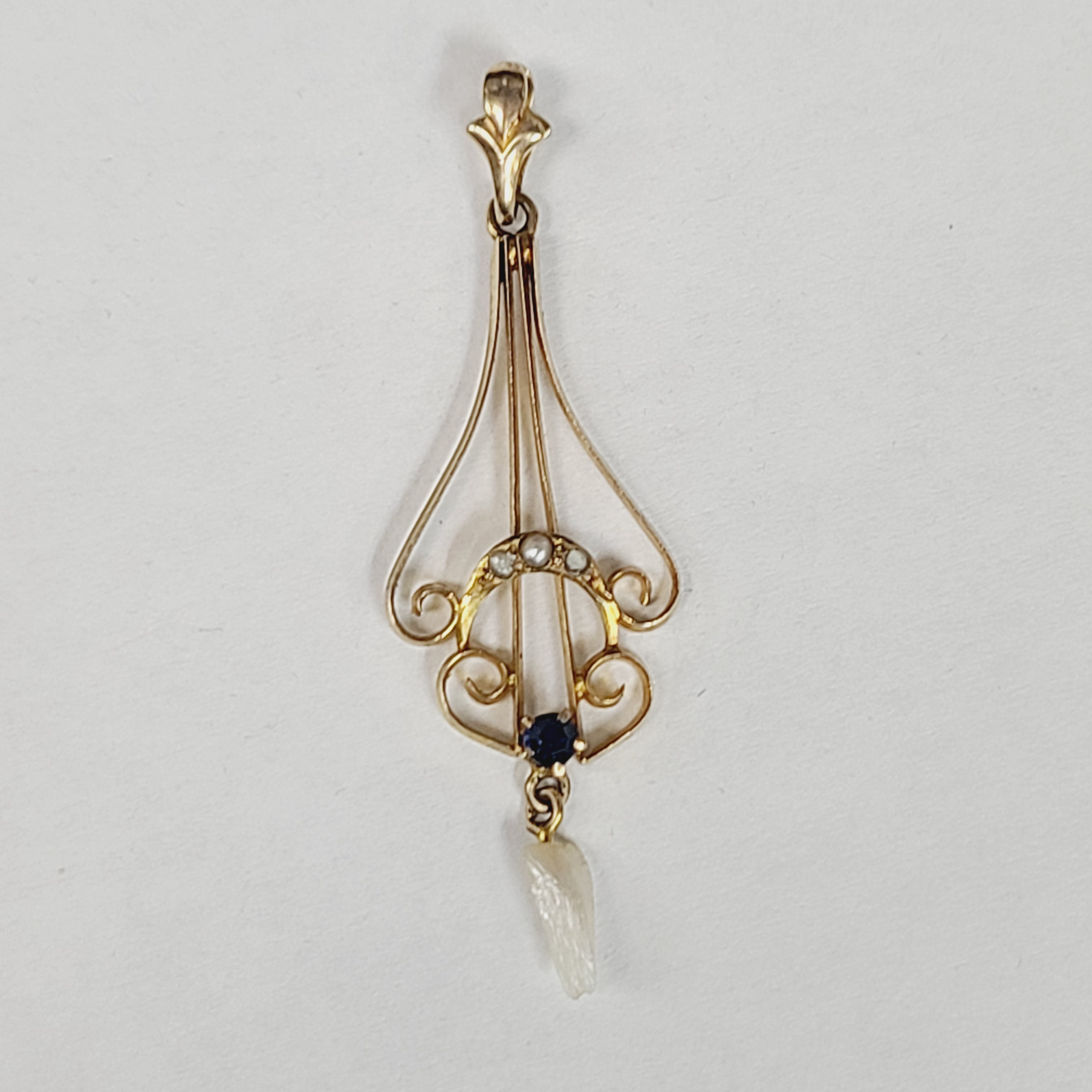 10K Yellow Gold Sapphire and River Pearl Lavaliere Pendant
