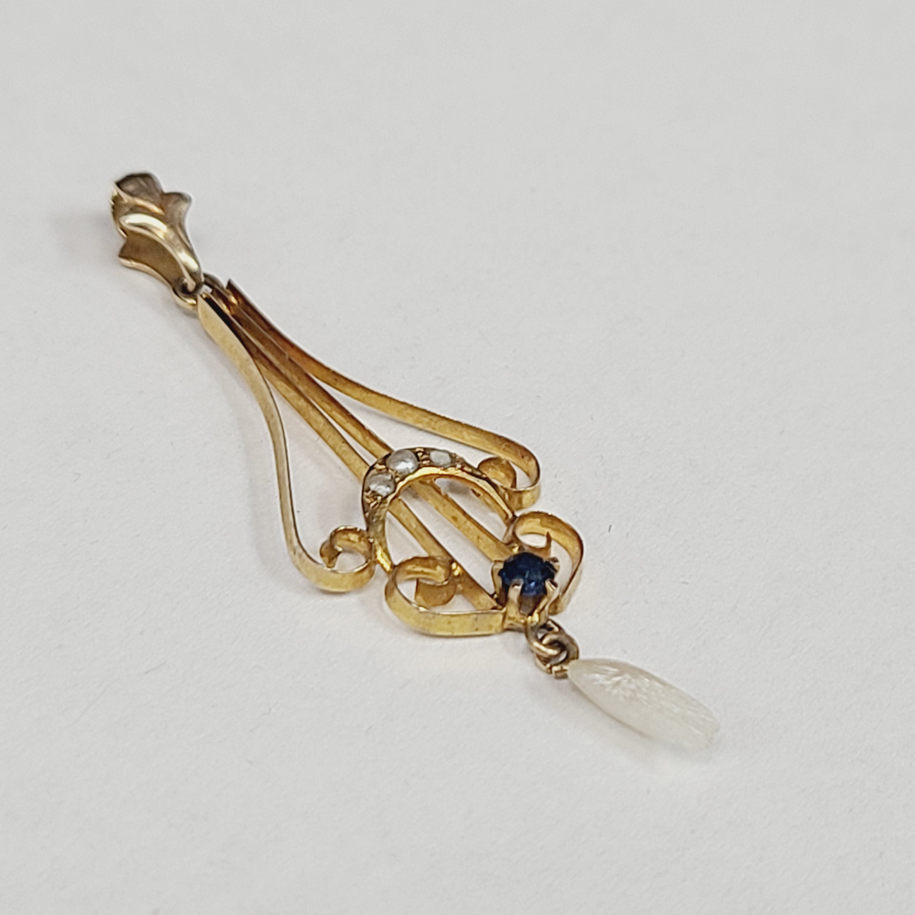 10K Yellow Gold Sapphire and River Pearl Lavaliere Pendant