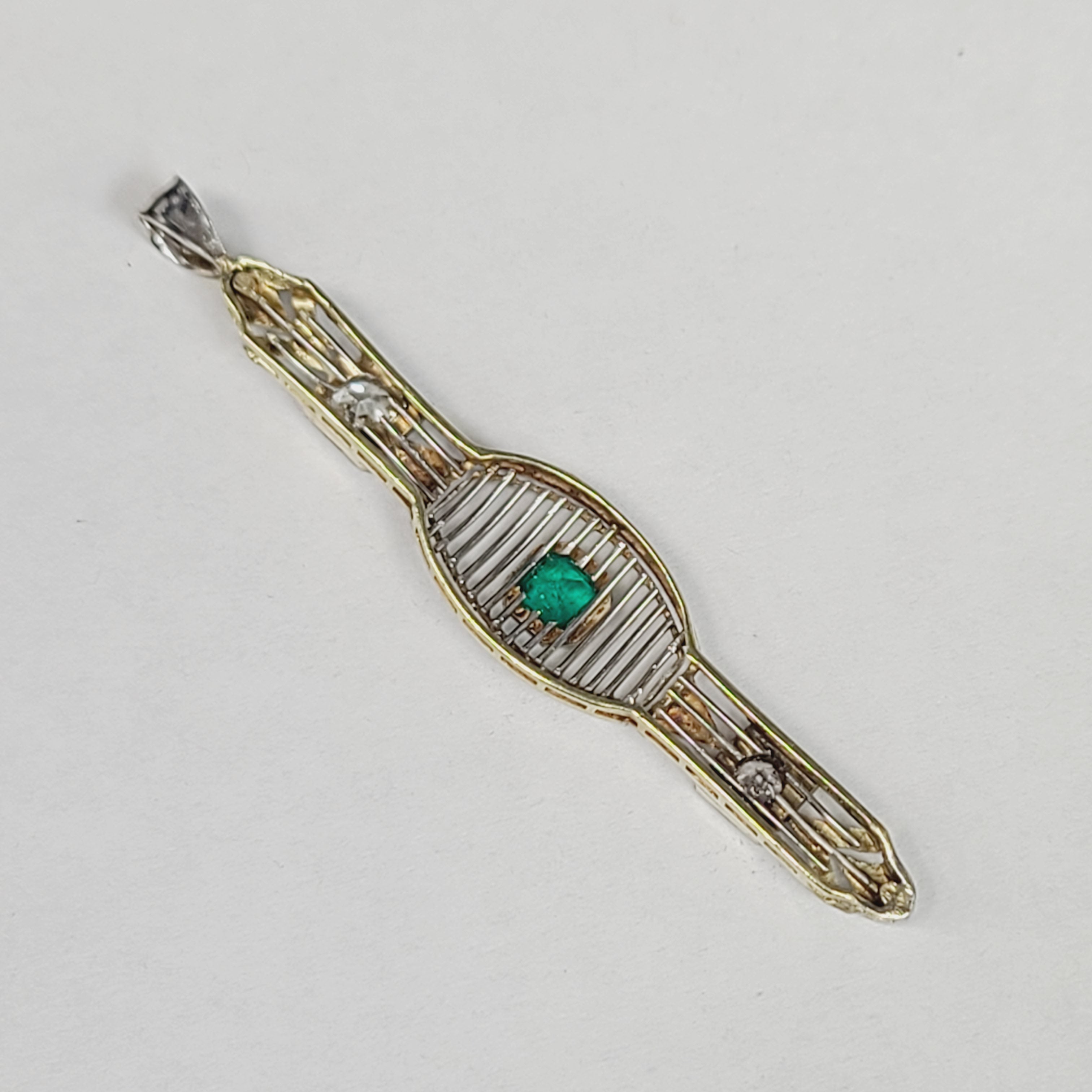 Art Deco Emerald and Diamond 14K White Gold Bar Pin Pendant