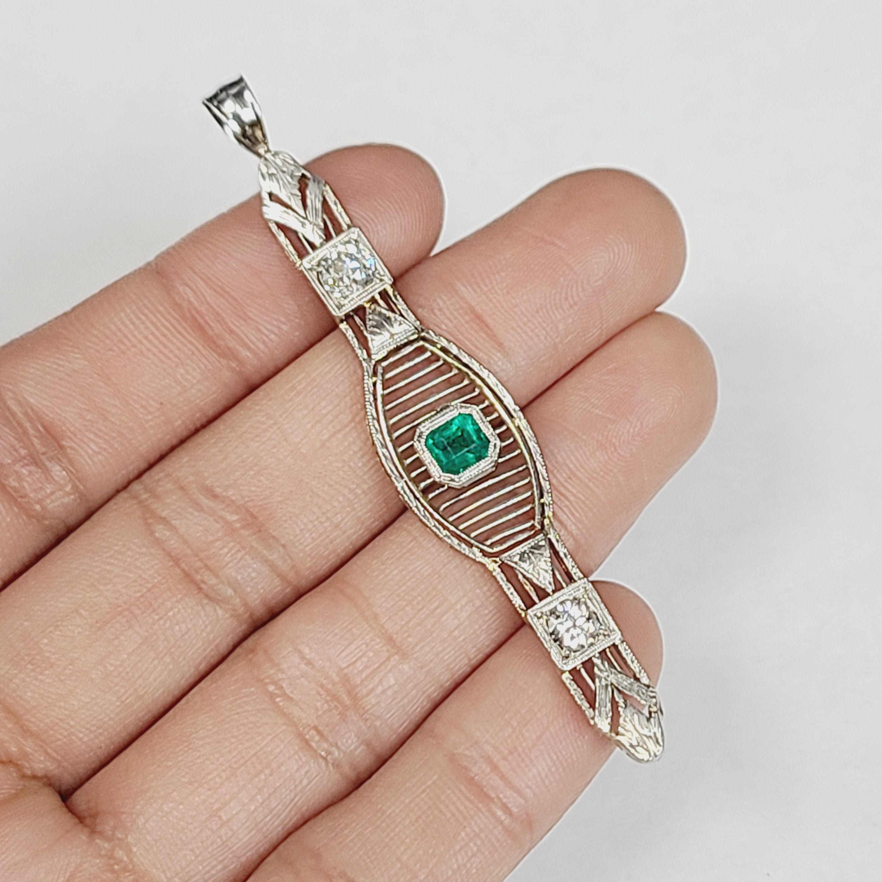 Art Deco Emerald and Diamond 14K White Gold Bar Pin Pendant