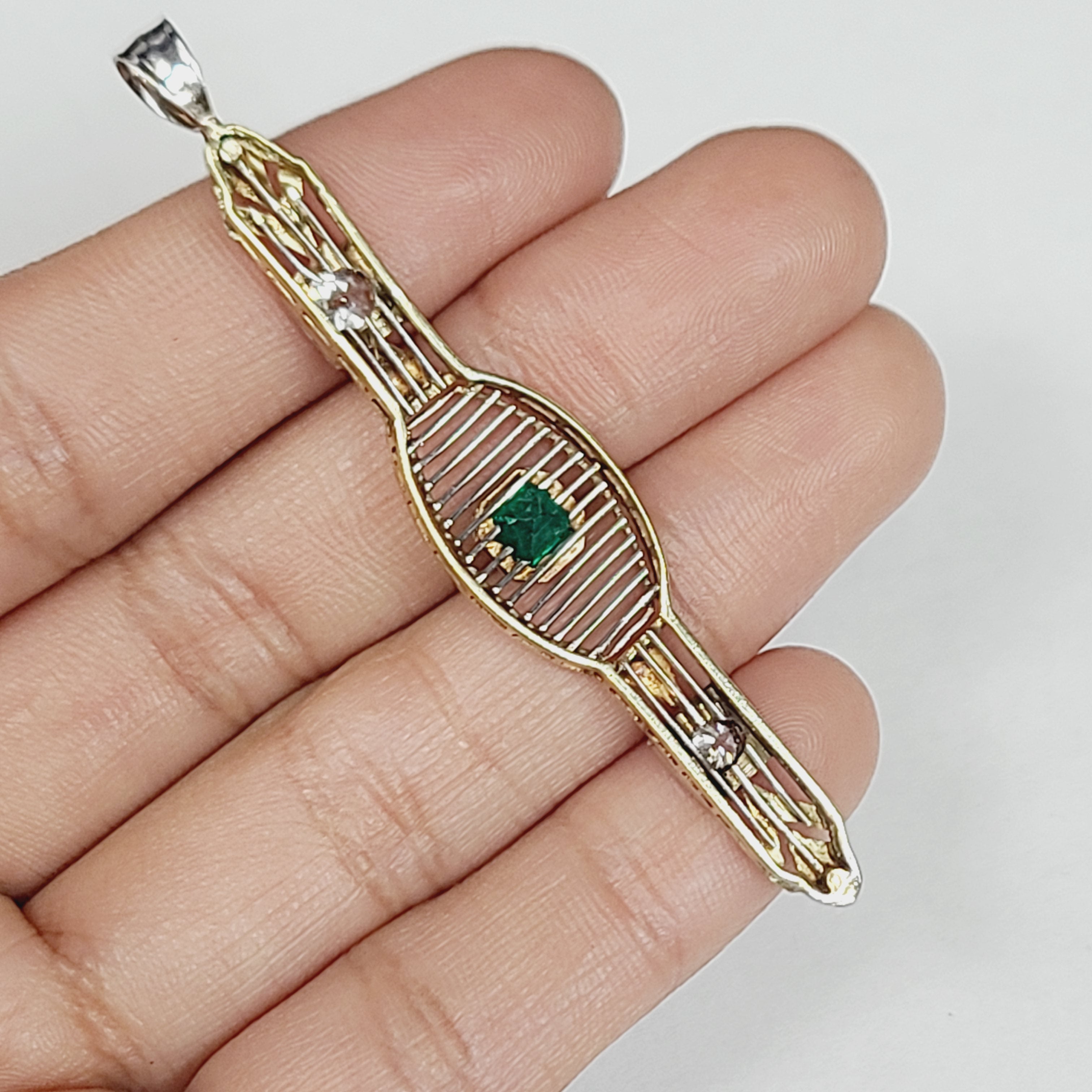 Art Deco Emerald and Diamond 14K White Gold Bar Pin Pendant